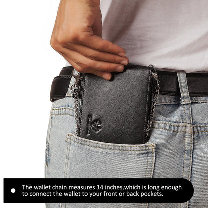 HUMERPAUL Mens Wallet with Chain, RFID Blocking Genuine Leather Bifold Wallet Minimalist With 2 ID Window (Black)