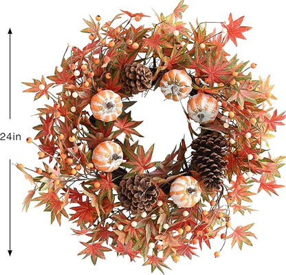 Fall Wreath for Front Door Fall Pumpkins Pinecone Wreaths 24 Inch Berry Artificial Maples Leaves Wreath for Halloween Thanksgivings Christmas Decoration Indoor Outdoor Window Hanging Decor