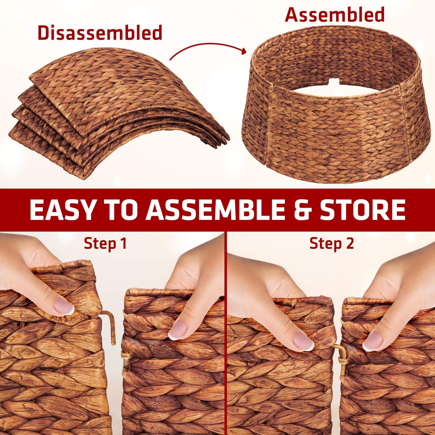 MIXUMON Handmade Water Hyacinth Christmas Tree Collar 24" – Rustic Basketweave Tree Base Cover, Eco-Friendly Skirt Alternative with Cord Cut-Out (Brown, 24 in)