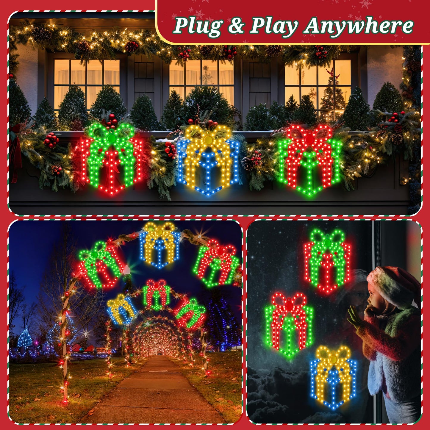 ElectricWise 3 Pack 10'' Christmas Window Lights, 354 LEDs Hi Vibrant Twinkling Lighted Gift Boxes, Waterproof Plug in Christmas Window Silhouette Light Present Decoration for Door Wall, Xmas Decor