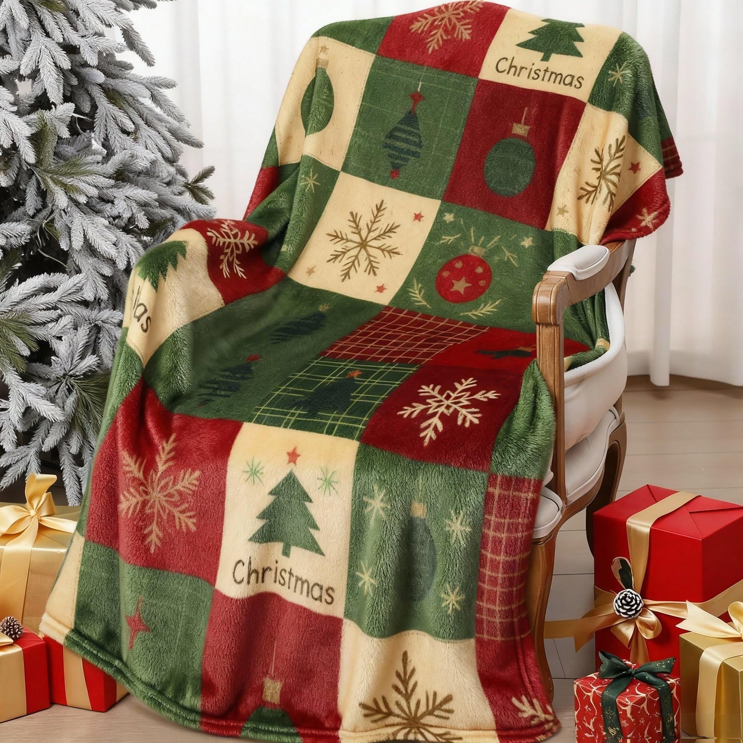 HunnmingRe Christmas Flannel Blanket Throw Red Green Checkered Blanket Christmas Tree Snowflake Soft Fuzzy Cozy Throw for Couch Bedroom Sofa Travel Bed Xmas Decor, 50 x 60 Inch