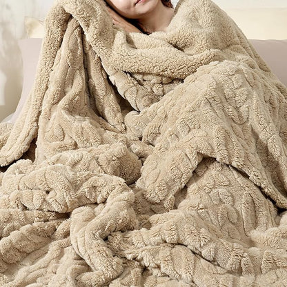 PHF Fluffy Sherpa Blanket King Size for Winter, Warm and Soft, 510GSM 3D Jacquard Thick Shaggy Fleece Plush Blanket for Sofa Bed, Khaki, 108"x90"