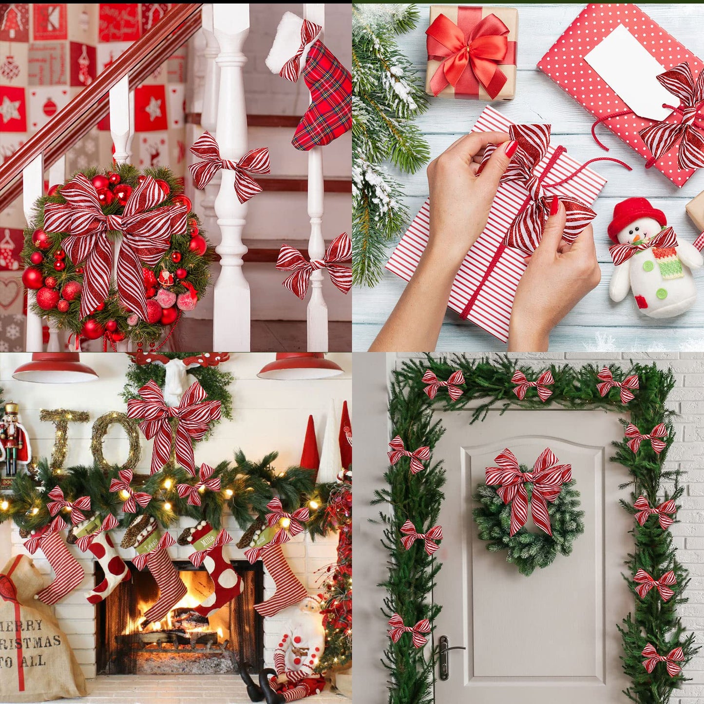 Whaline Christmas Glitter Candy Cane Ribbon White Red Stripe Wired Edge Ribbon 2.5 Inch Rustic Farmhouse Craft Ribbons for Xmas DIY Gift Wrapping Floral Arrangement Wreath Bow Decoration, 10 Yard