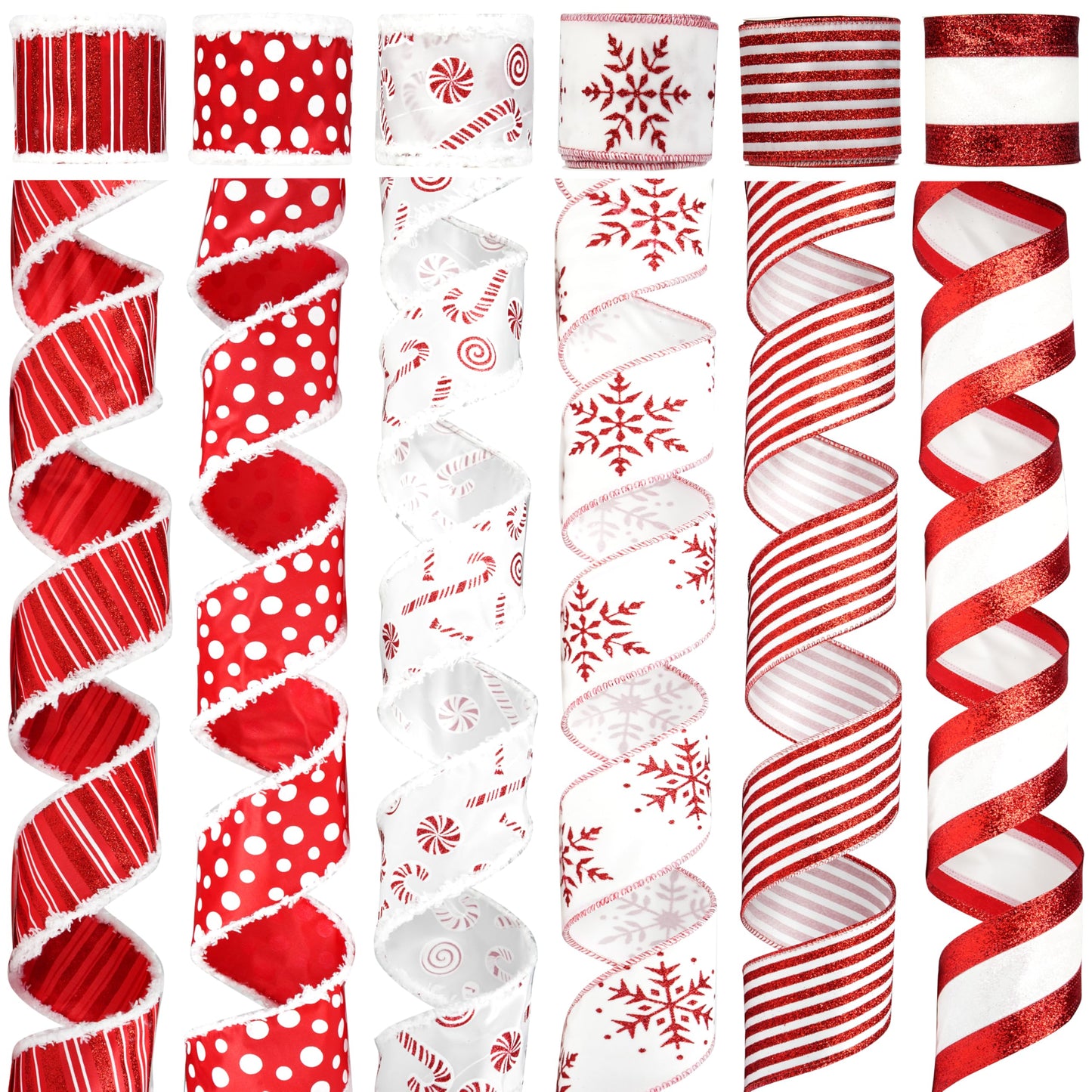 MAYREEL 2.5 Inch Red and White Christmas Ribbon Wired Candy Cane for Christmas Trees Wreaths Tree Toppers Crafts Home Decor Gift Wrapping 6 Rolls Total 36 Yards