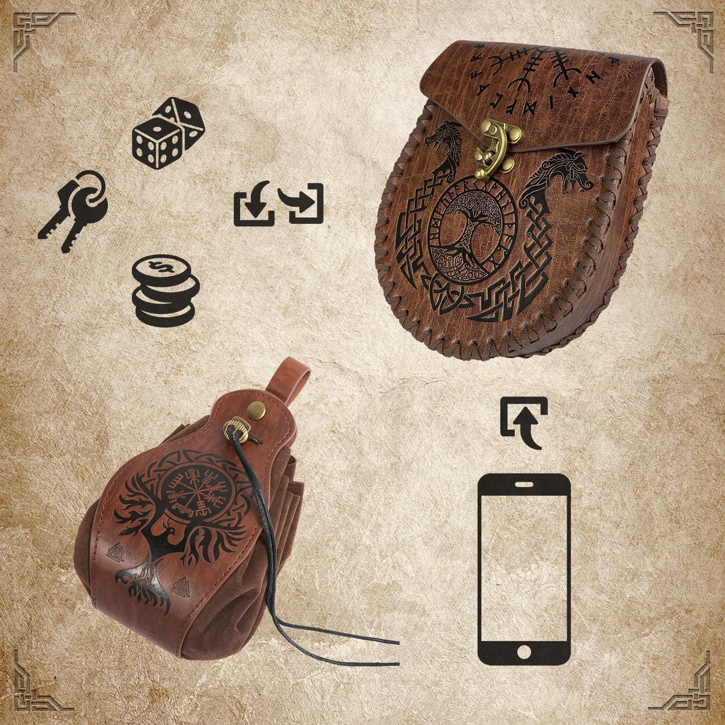 EpicCos 3PCs Medieval Embossed Belt Pouch Set, Viking Buckle Belt Portable Side Bag, Faux Leather Cosplay Accessories (Brown B)