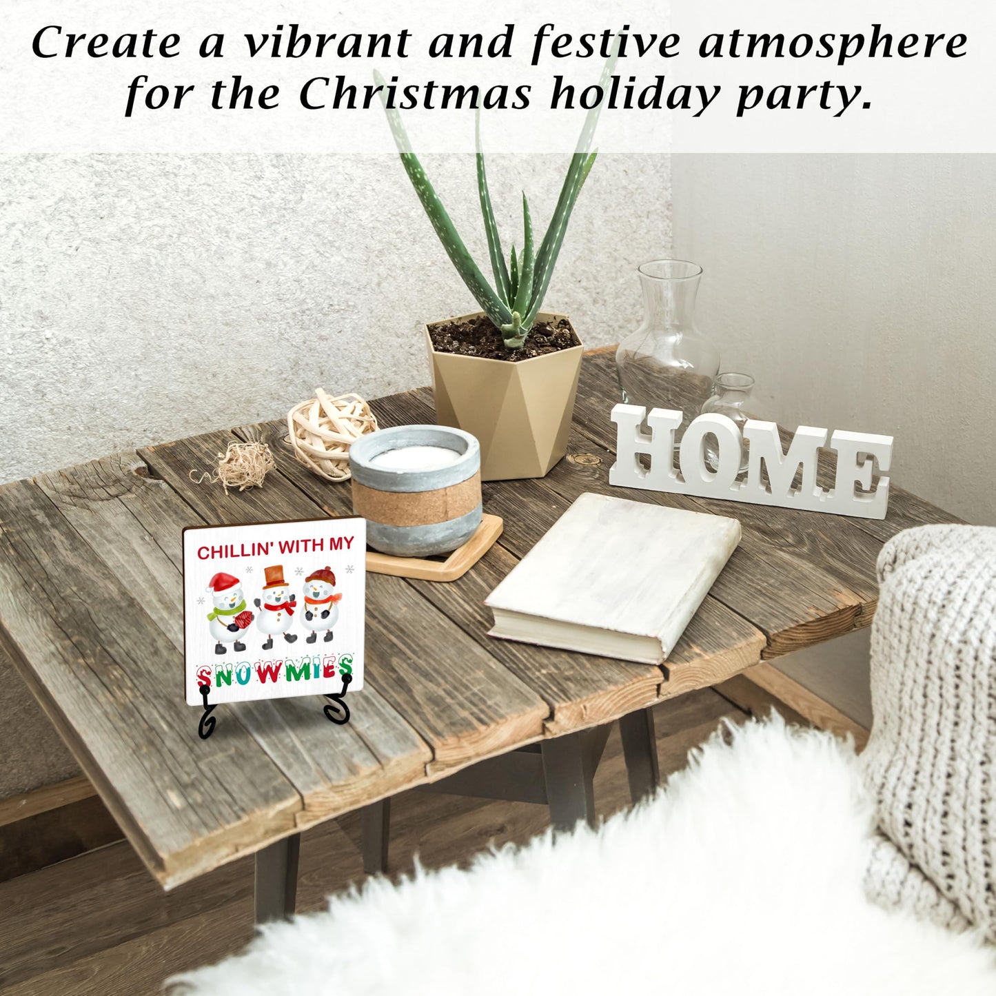 Cazhes Cute Snowmies Christmas Wooden Decor, Christmas Decorations for Home Bedroom, 5x5 Inches Xmas Snowman Snowflake Sign with Iron Stand, Birthday New Year Gifts-G11