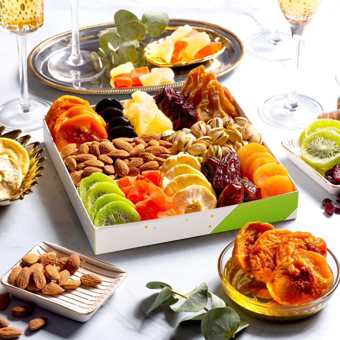 NUT CRAVINGS - Dried Fruit & Mixed Nuts Gift Basket in White Gold Box (12 Assortments) Food Arrangement, Healthy Snack Care Package,