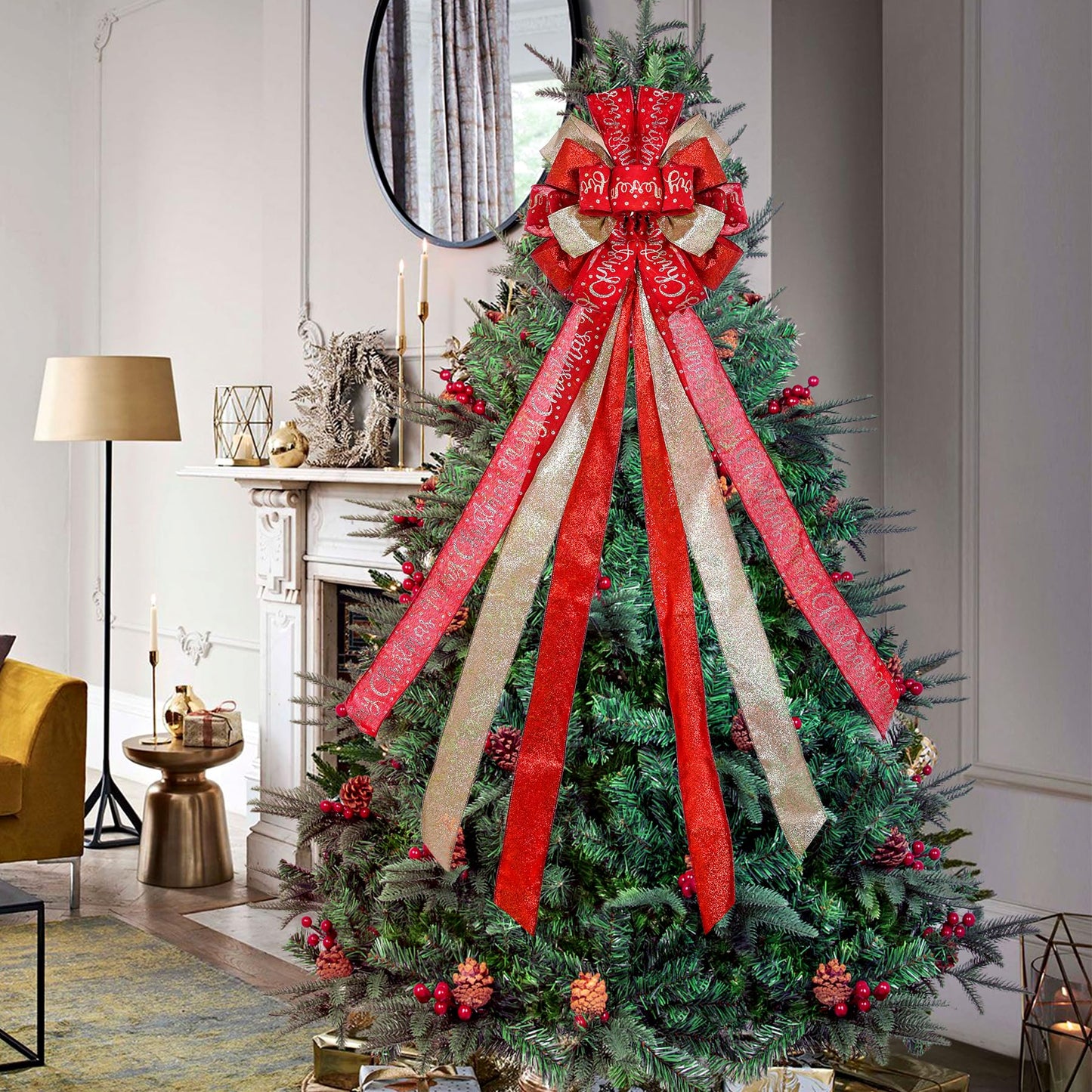 Christmas Tree Topper Christmas Wreath Bow 45"x12" Large Christmas Toppers Bow with Letter Patterned for Xmas Tree Rustic Farmhouse Home Holiday Party Decorations Red