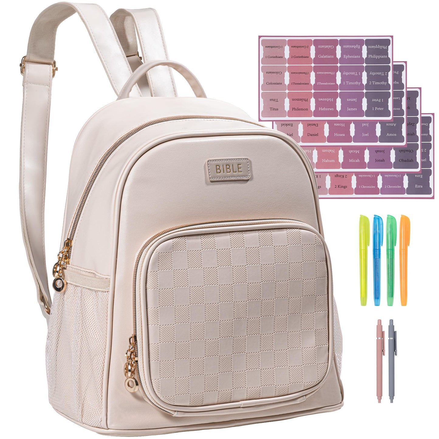 Premium Bible Backpack Set for Women - Stylish Checkered PU Leather Bible Bag with 72 Bible Tabs, 4 Highlighters & 2 Pens - Ideal for Church, Study & Travel
