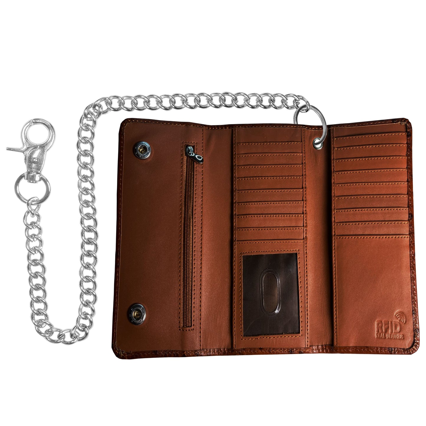 IBRO Motorcycle Chain Wallet for Men – Premium Cowhide Leather, RFID Tri-Fold Biker Wallet with Heavy Duty Chain for Bikers Truckers & Hunters, Credit Card Money Organizer Long Wallet Crocodile Brown