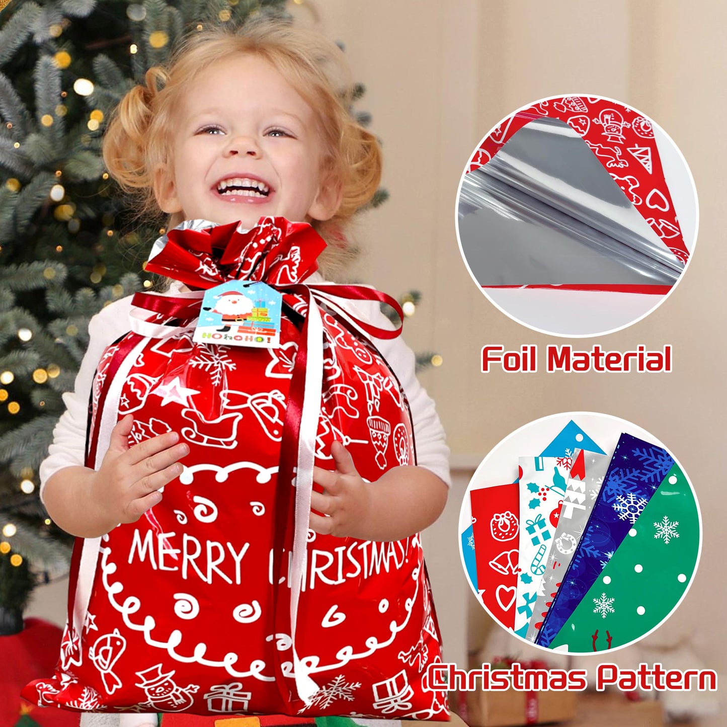 38PCS Christmas Drawstring Gift Bags Assorted Size Small Medium Large