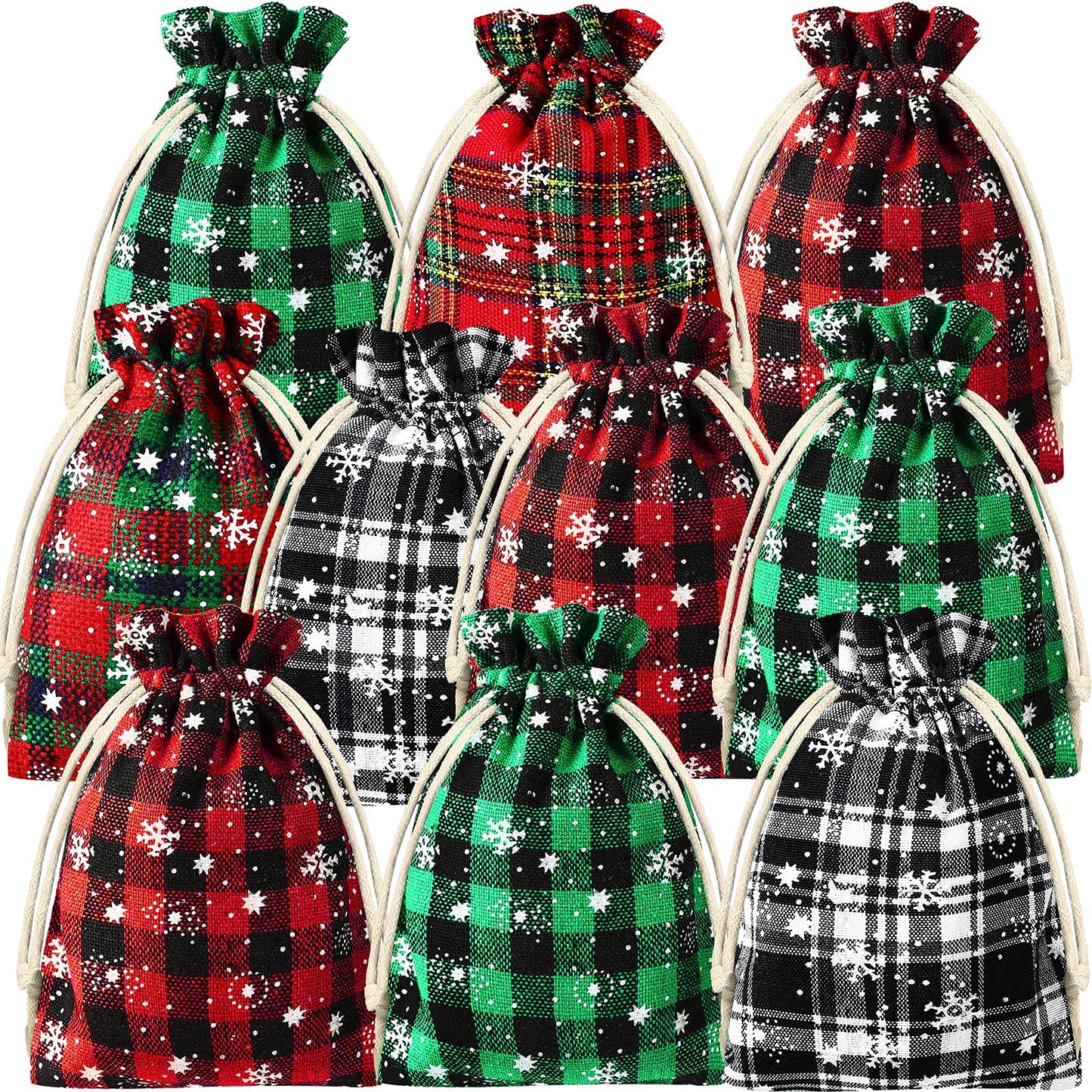 Shappy 25 Pieces Christmas Drawstring Bags 4 x 6 Inch Small Xmas Buffalo Plaid Bags with Snowflake Pattern Linen Cloth Gift Treat Bag for Christmas Holiday Party Favor
