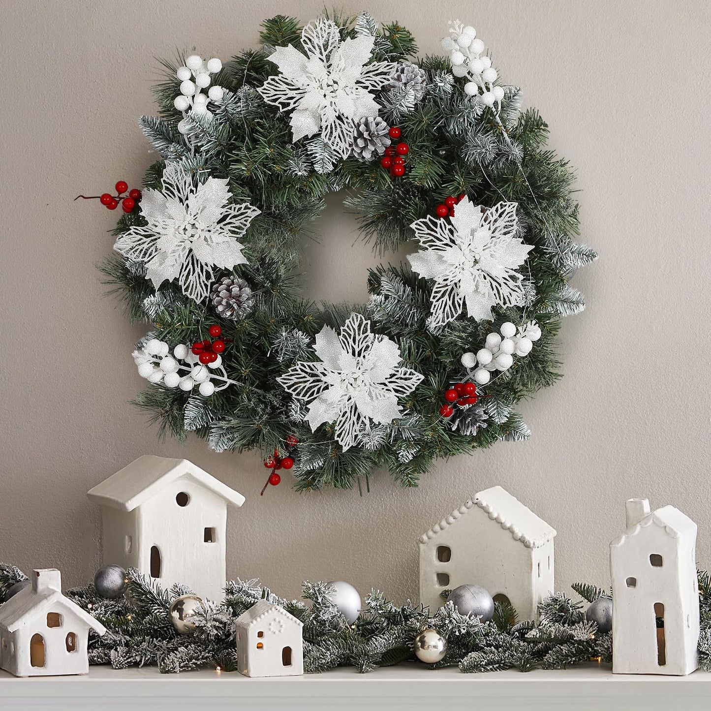 Alupssuc 24 Pcs Artificial Glitter Christmas Tree Picks, Boxed 12 Poinsettia Flowers+ 6 Berry Stems+ 6 Flowers Berry Leaves Decorations Set, Indoor Outdoor Holiday Ornaments Decor, White