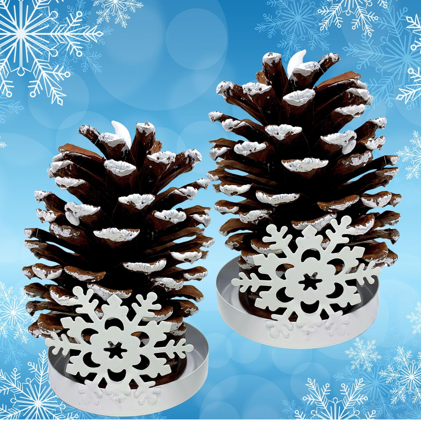 LIghted Pine Cones in Metal Snowflake Holders Christmas Decor - Set of 2 - Real Pinecones with White Snowflake Holders - Flameless LED Candles Brushed with Snow - Measures 5 1/2"H X 3"W