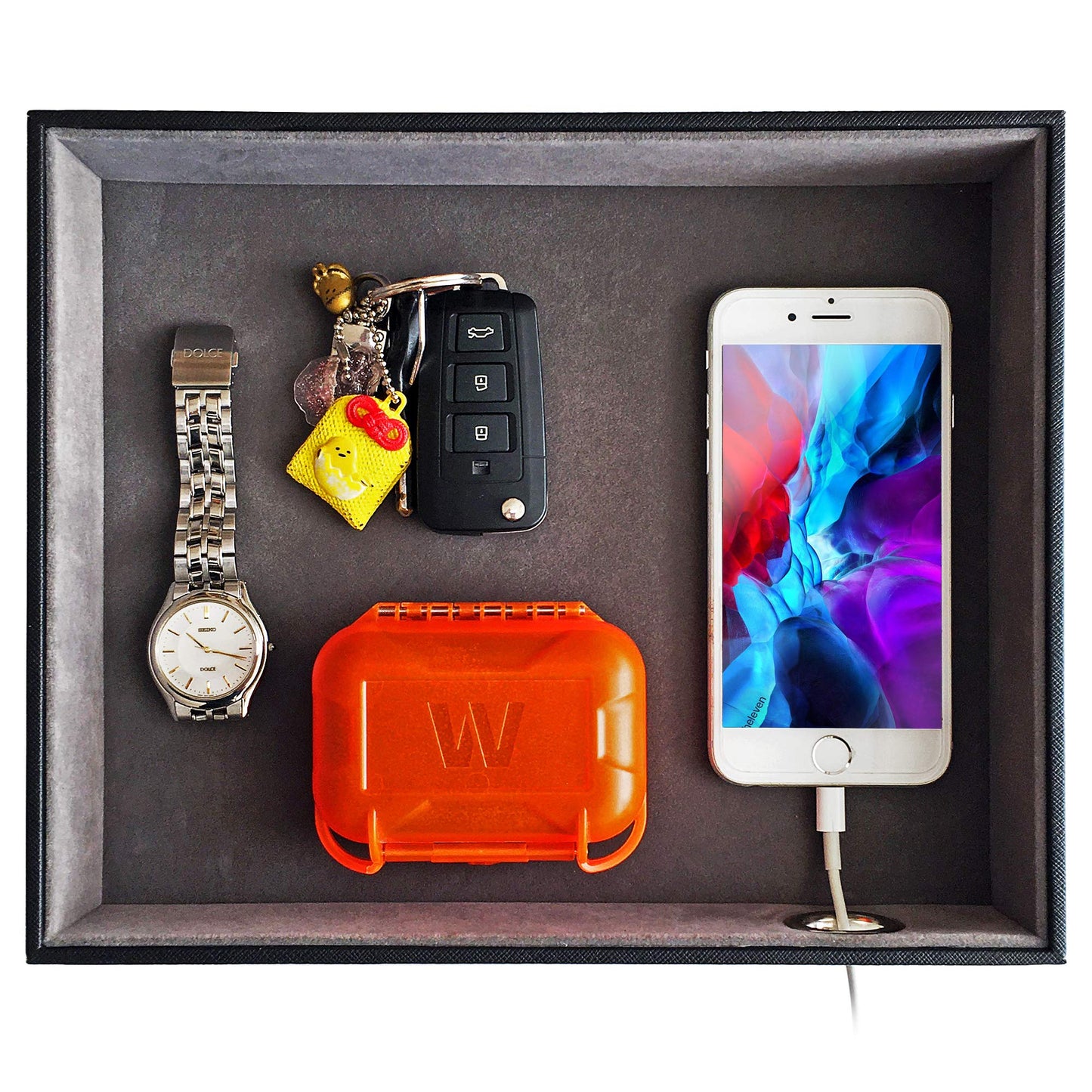 SUKKMORI Valet Tray with Charging Station - PU Leather Nightstand Organizer for Men and Women, Desk Catchall Tray for Keys, Jewelry