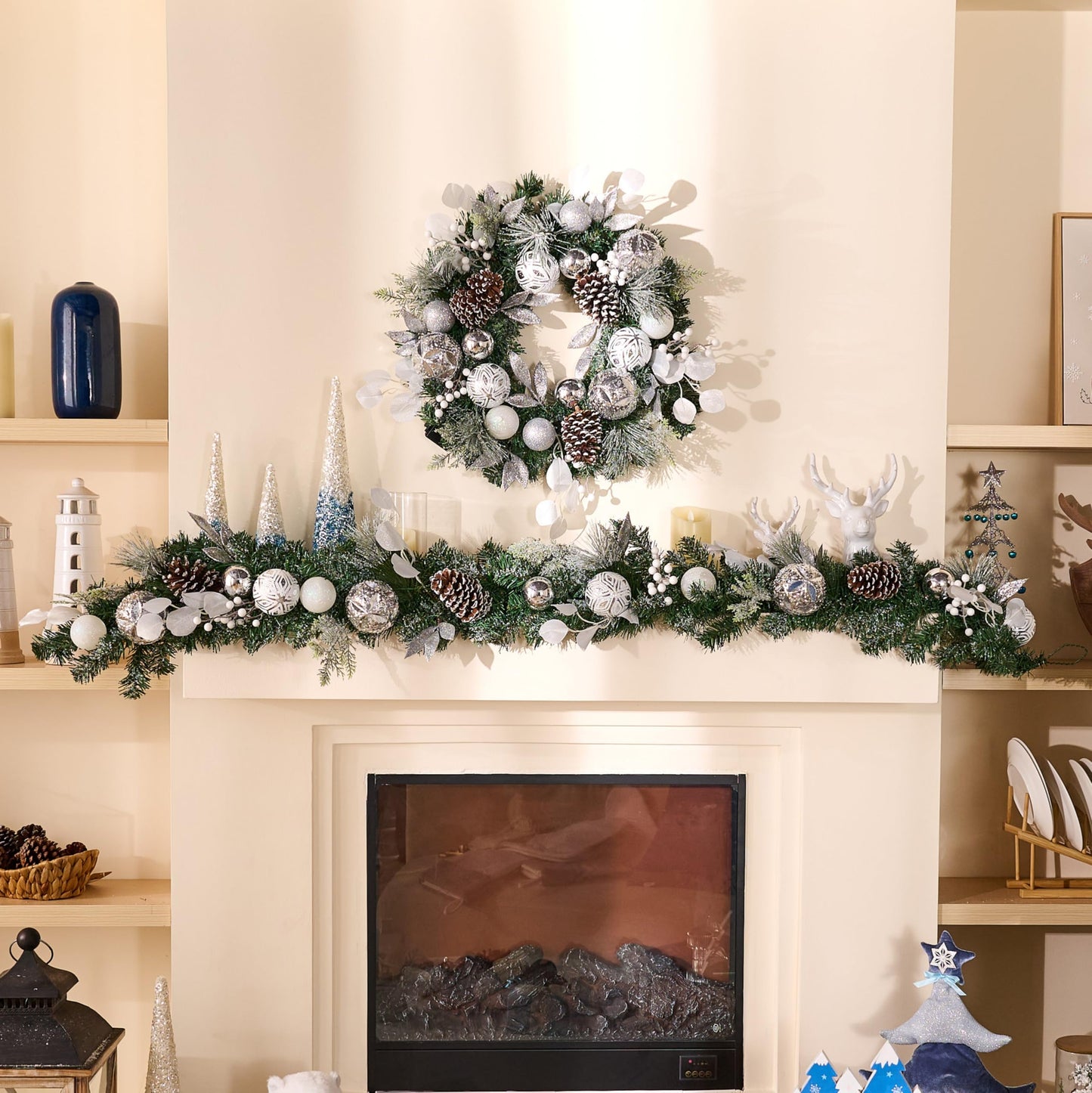 Valery Madelyn 6 Feet Pre-Lit Christmas Garland with Lights for Mantle, Lighted Outdoor Xmas Garland with Snowy White Ball Pinecones for Home Stairs Fireplace Table Centerpiece Indoor Holiday Decor