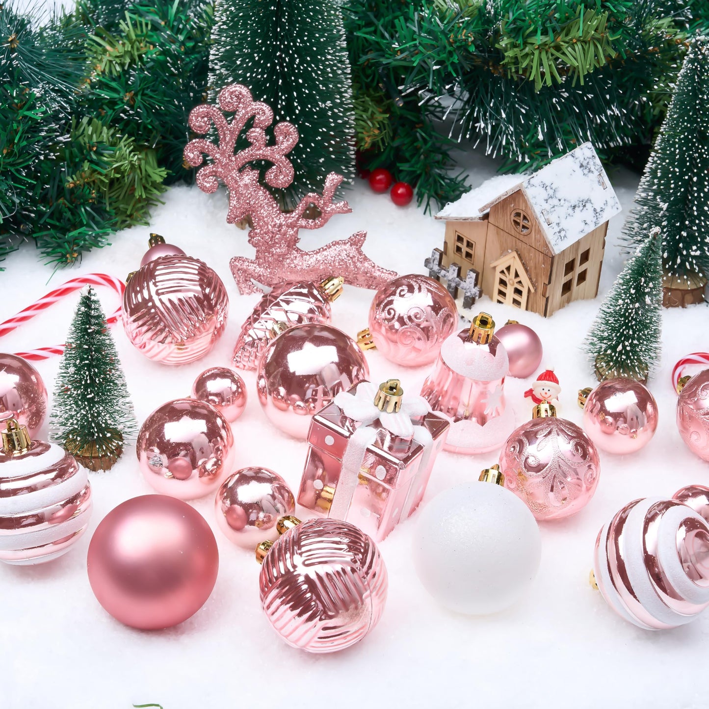 Joiedomi 66 Pcs Pink Christmas Balls Ornaments Set, Christmas Tree Ornaments Shatterproof Plastic for Xmas Hanging Decoration, Holiday Party Decoration