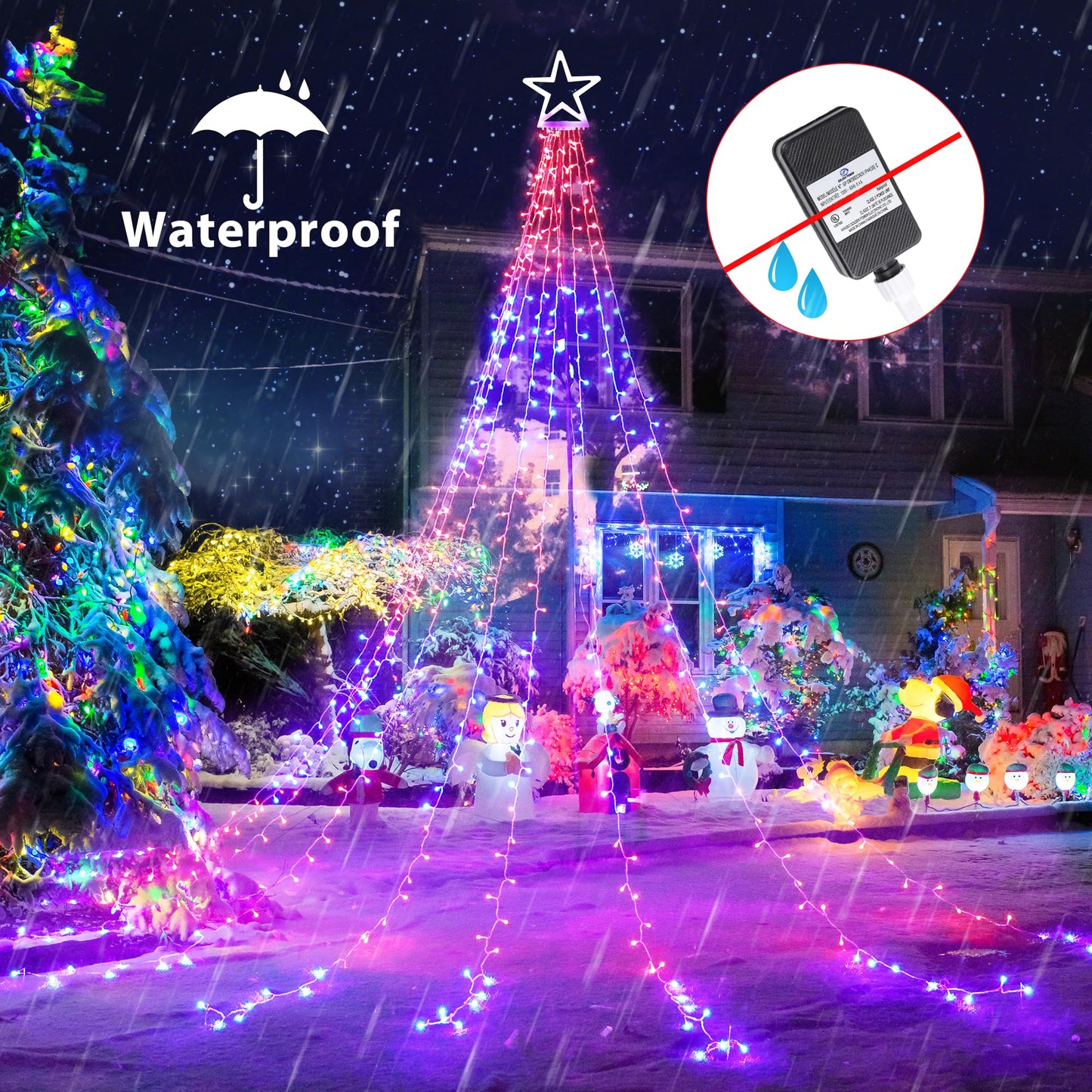 Flacchi Christmas Lights Outdoor with ‎Remote -16.4Ft Waterfall Tree Decoration Lights RGB Star String Lights for Tree Yard Exterior Wall Housetop Window Holiday Decor (RGB, 16.4FT)