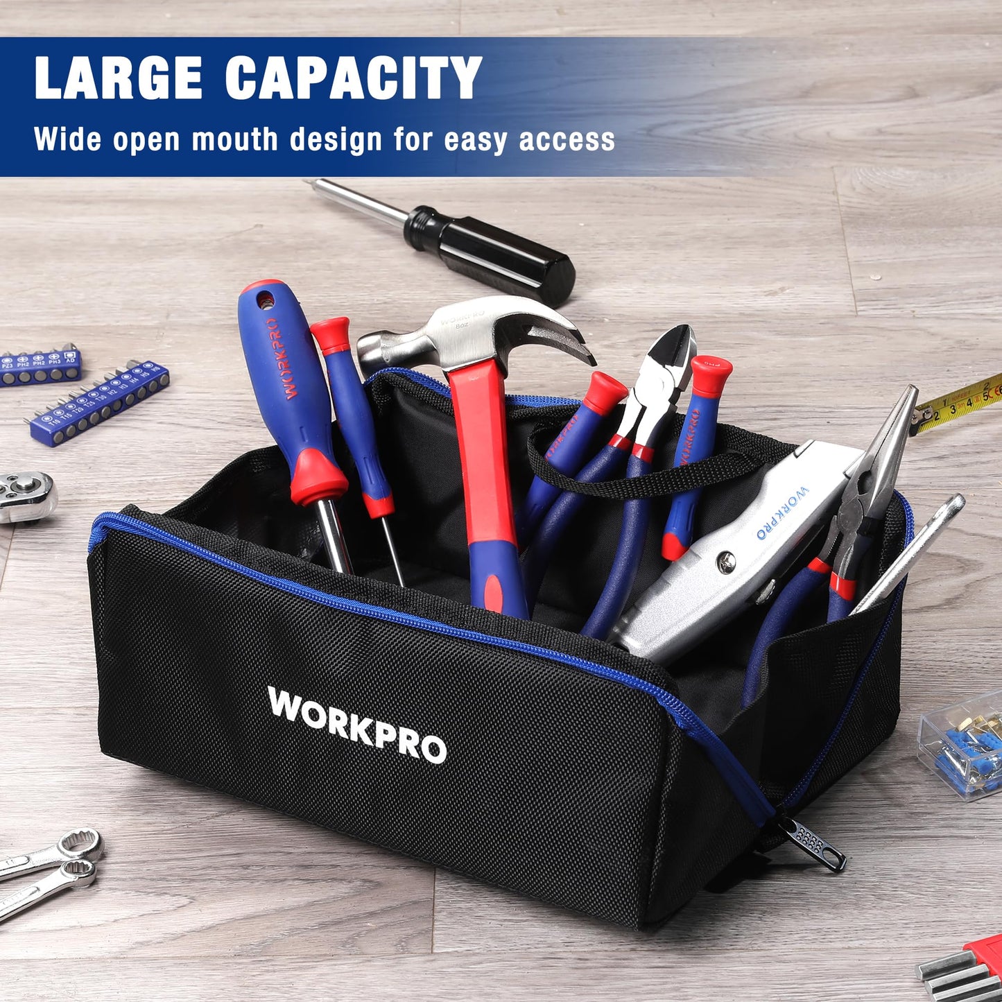 WORKPRO Tool Bag with Zipper, 10" Utility Wide Mouth Heavy Duty Tool Storage Bag, Multipurpose Zipper Tool Pouch Tote Bag for Organizer 3-pack