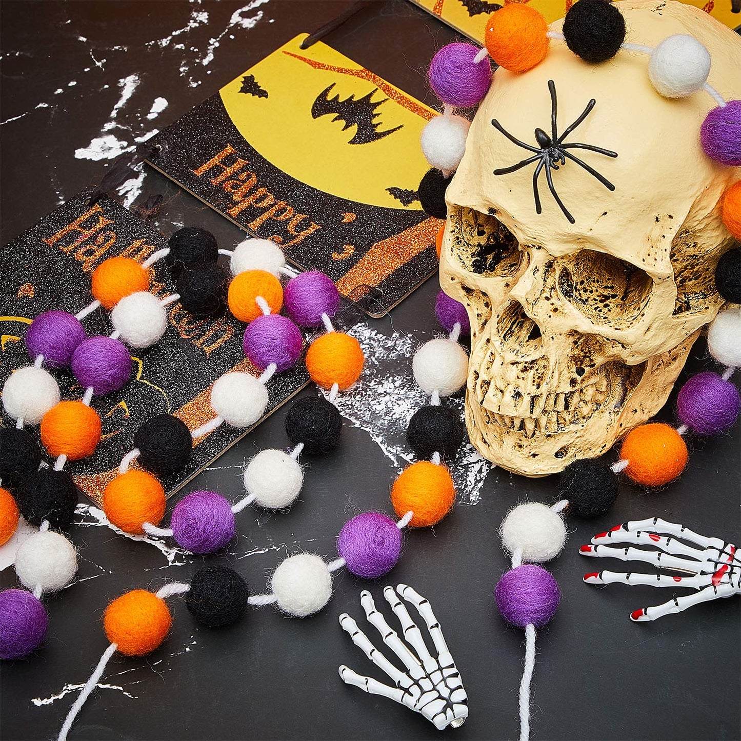 WILLBOND 2 Pieces Wool Felt Rainbow Ball Garland Colorful Pom Pom 6.5 ft Long 24 Ball Garland for Easter Mardi Gras Classroom Halloween Thanksgiving Xmas (Orange,White,Black,Purple)