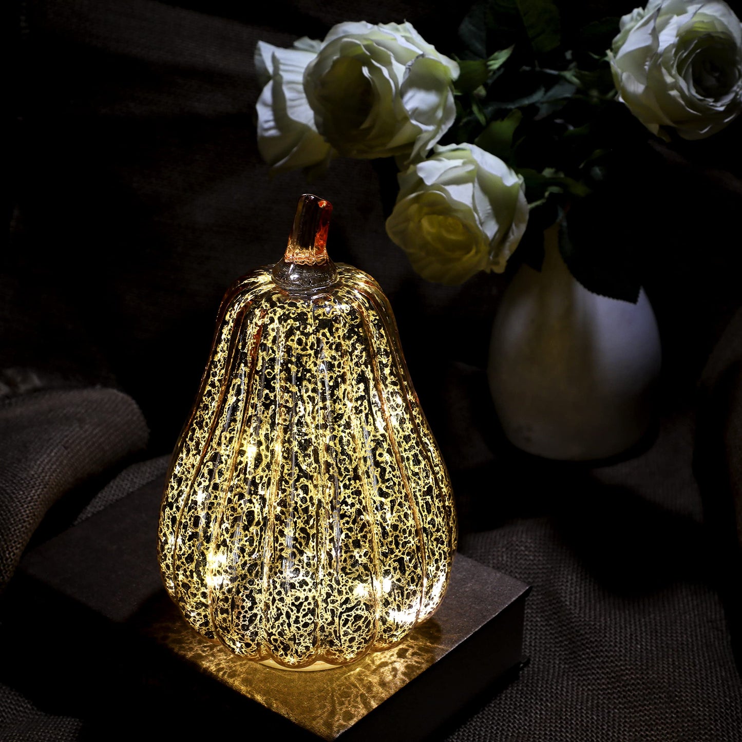 Romingo Mercury Glass Pumpkin Light with Timer for Halloween Pumpkin Decorations Fall and Thanksgiving Decor, Rose Gold, 8.7 inches