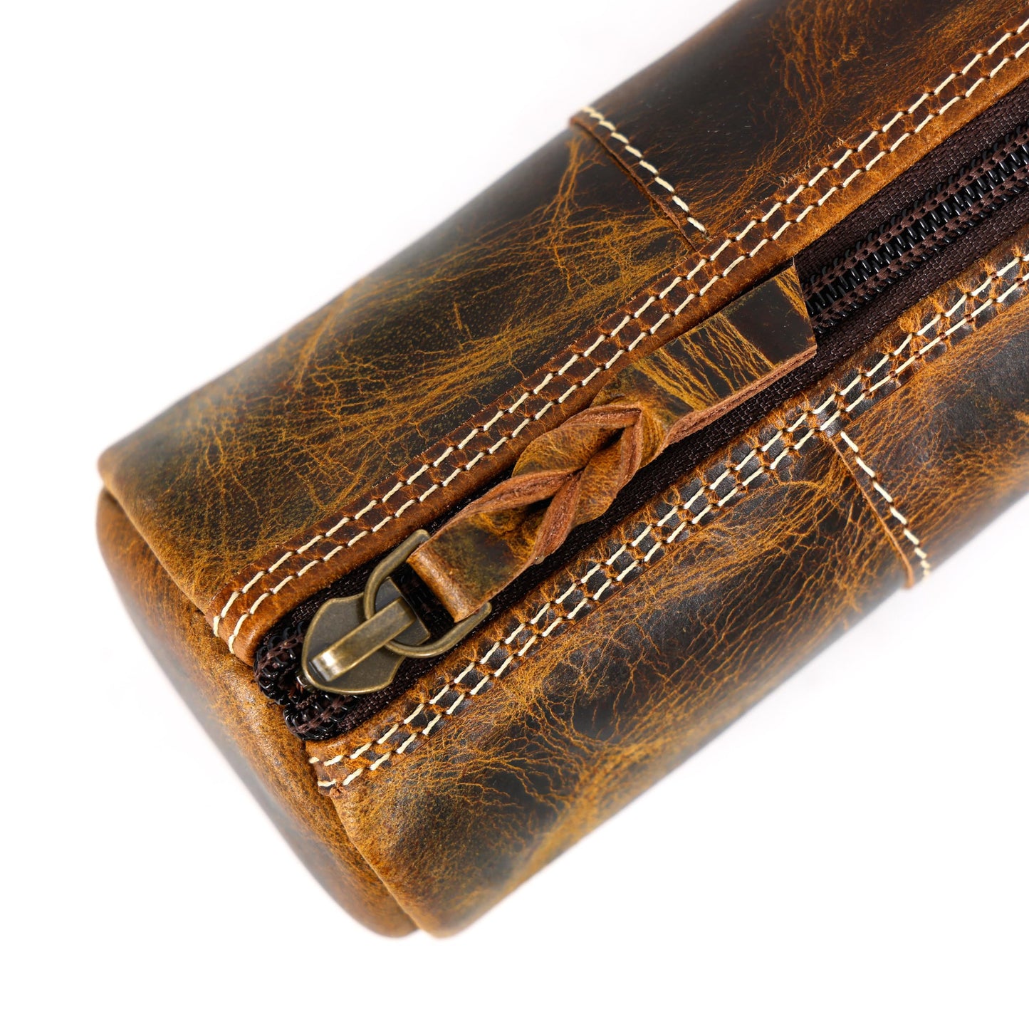 LEATHER TOWN Leather Pencil Case - Full Grain Leather Zippered Pen Pouch - Bag Pen Holder for Work & Office (Antique Brown)