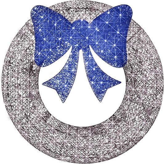 Best Choice Products 30in Pre-Lit Outdoor Christmas Wreath Decoration, LED Metal Holiday Decor for Home w/ 100 Lights, Bow - Hanukkah Silver/Blue