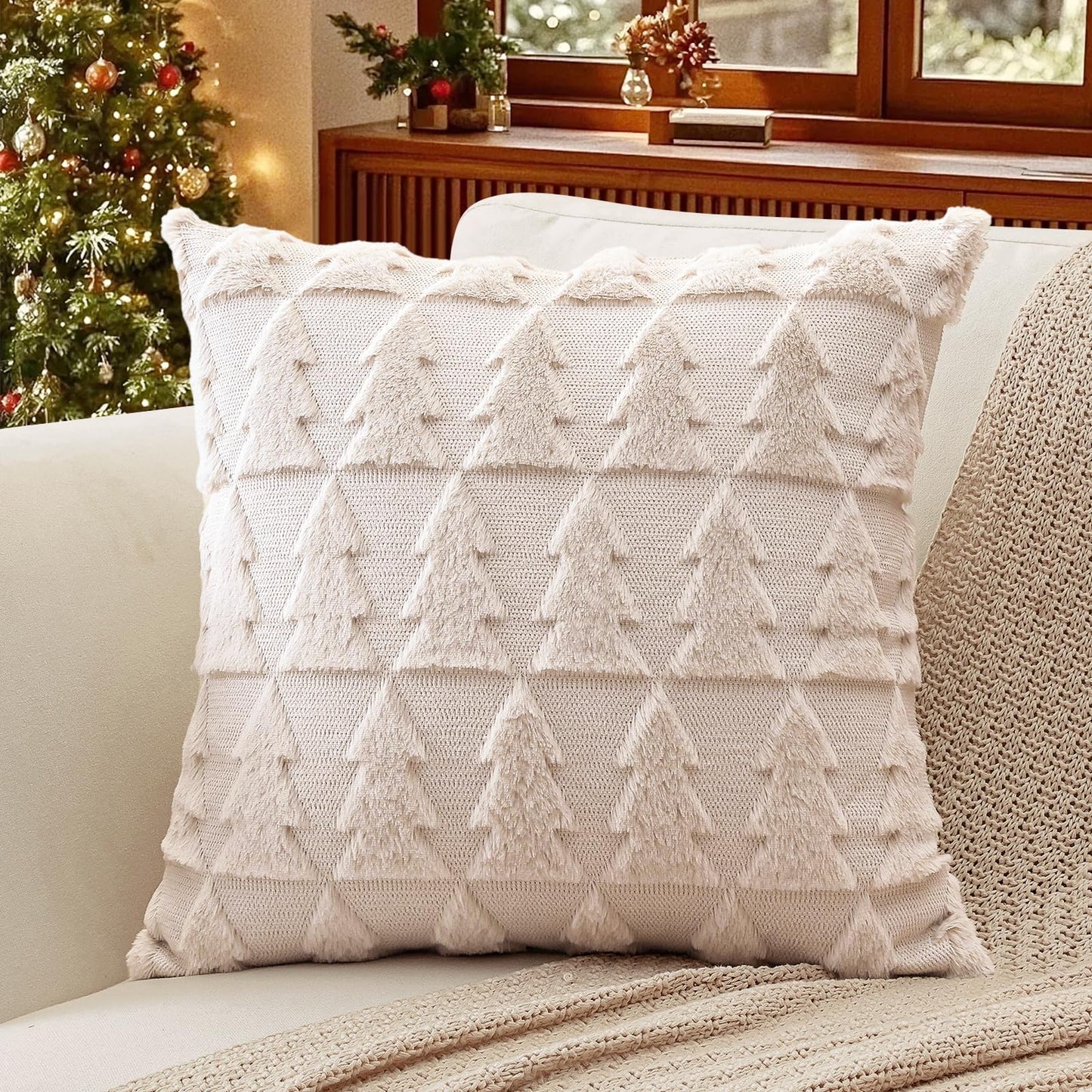 OTOSTAR Set of 1 Xmas Soft Plush Short Wool Velvet Decorative Throw Pillow Covers Square Luxury Style Cushion Case Pillow Shell for Sofa Bedroom Christmas Tree Cream Beige, 22x22 Inch