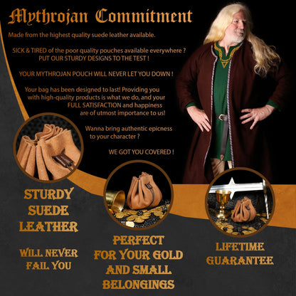 Mythrojan medieval leather pouch suede drawstring belt bag for larp, viking, renaissance cosplay, coin & jewelry waist purse- brown, 4.9"x3.5"