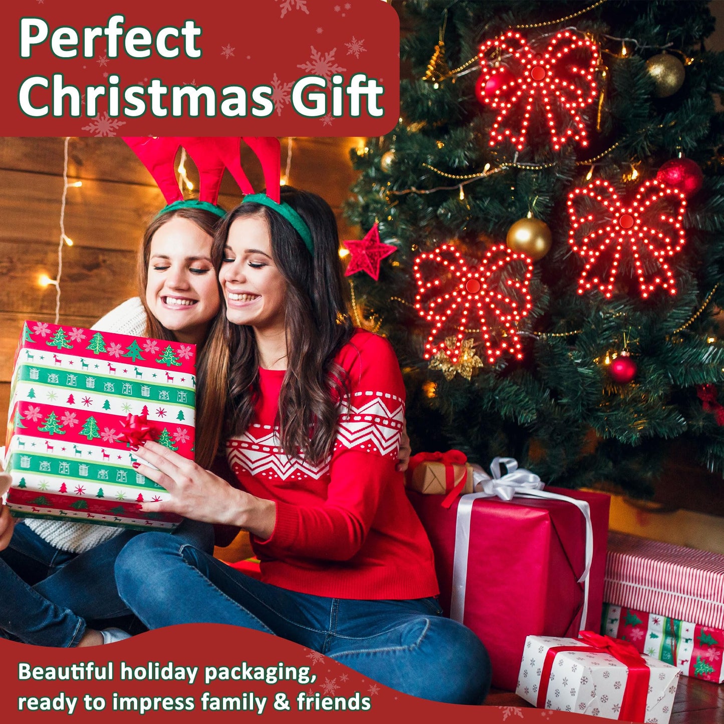 ElectricWise 3 Pack Hi Vibrant Twinkling LED Christmas Bow Decoration, 10'' Christmas Bow Window Lights, Waterproof Lighted Window Silhouette Lights for Holiday Wall Door Xmas Decor