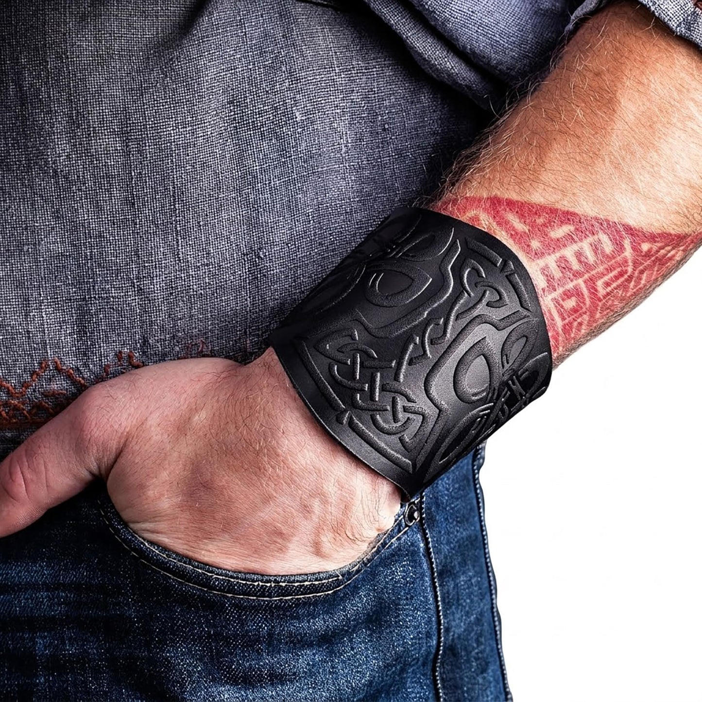 Stahlgilde 100% Real Leather Viking Cuff Bracelet - Handmade Mjolnir Thor's Hammer Black Wristband - Gift for Men Women - Genuine Leather Viking Punk Lv Axe Сuffs - Size M for wrist 6.5"-7.5" 90mc