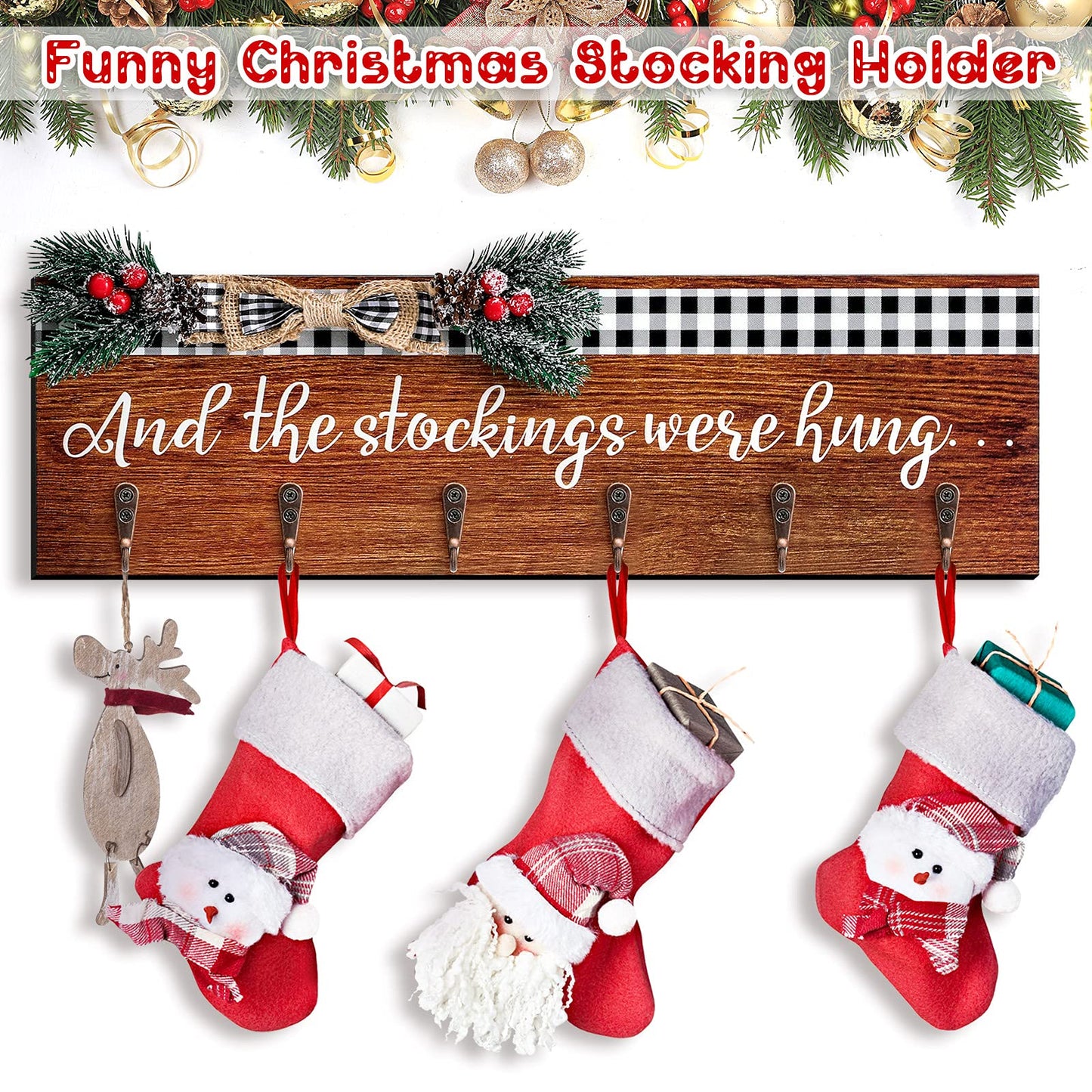 Christmas Stocking Holder with 6 Hangers The Stockings were Hung Wooden Sign Xmas Wall Hanging Sign Wall Mount Hook Holder Decorative Wood Stocking Hanger for Mantle(Retro Style)