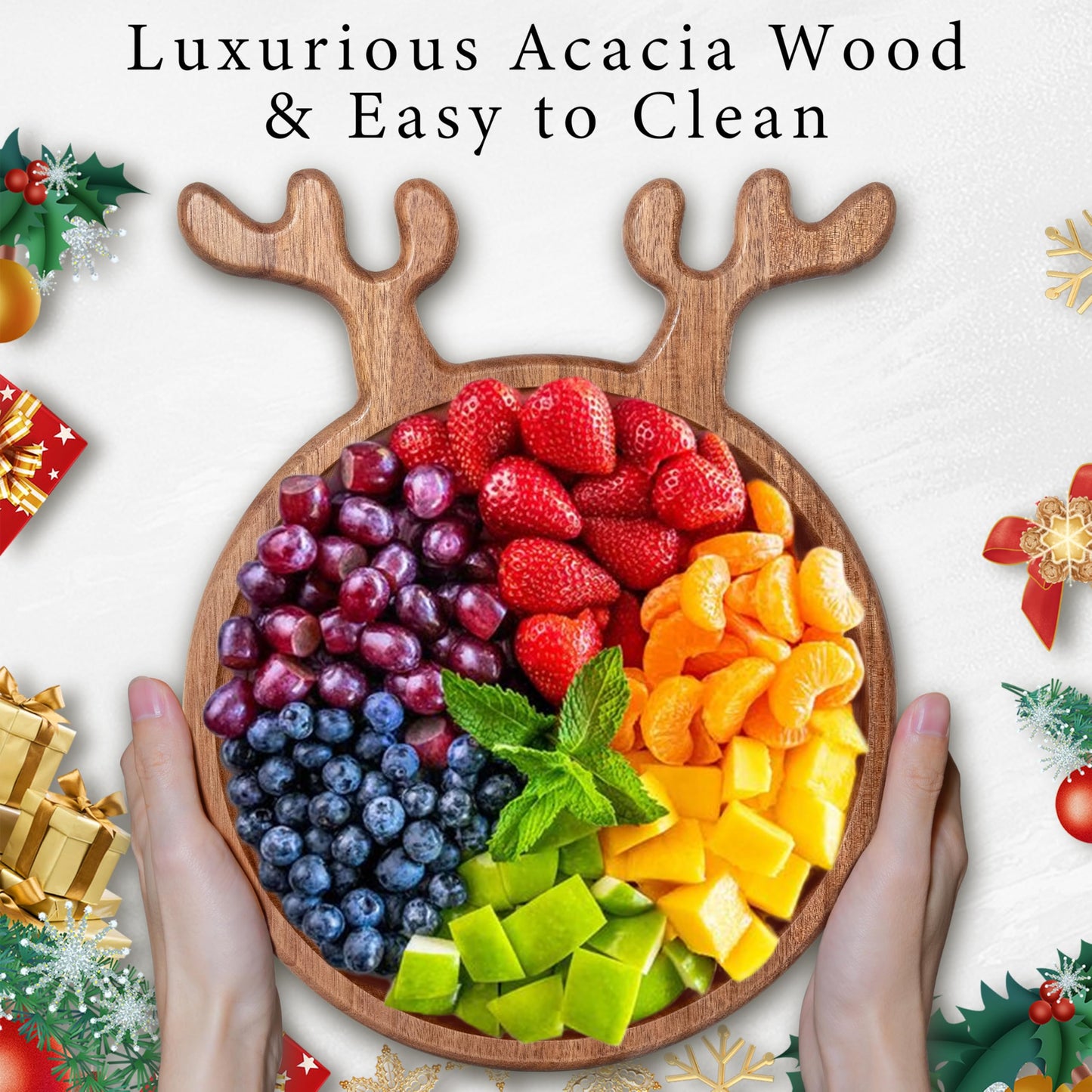 AUNECY Christmas Elegant Reindeer-Shaped Acacia Wood Serving Platter, Decorative Charcuterie Board for Fruits, Snacks, and Cheese, Festive Holiday Kitchen Decor and Ideal Gift for Home Entertaining