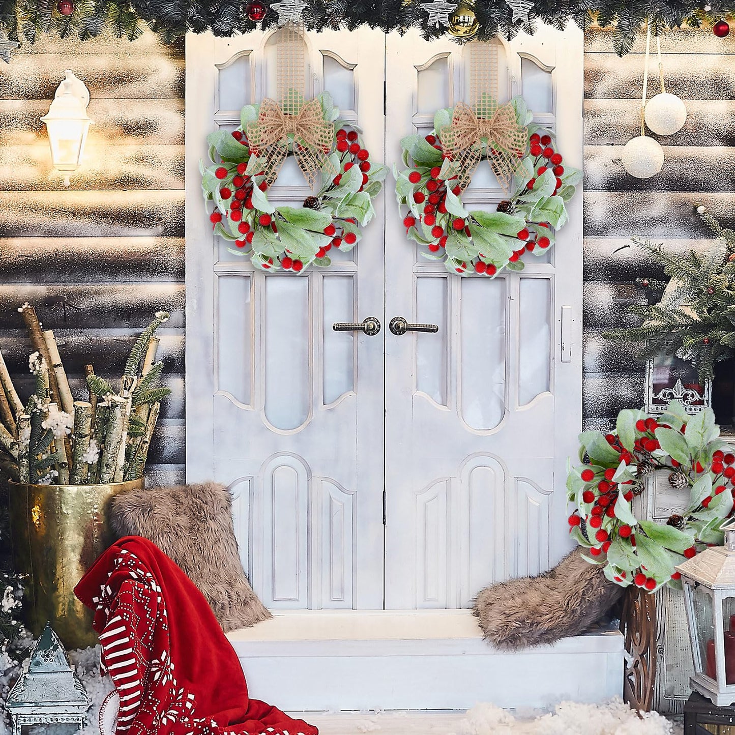 Zeyune 6 Set 9'' Small Wreaths for Kitchen Cabinets Mini Christmas Wreaths Real to Touch Lamb Ear with Burlap Ribbon Red Berry Farmhouse for Xmas Wall Window Indoor Outdoor Chair Decor