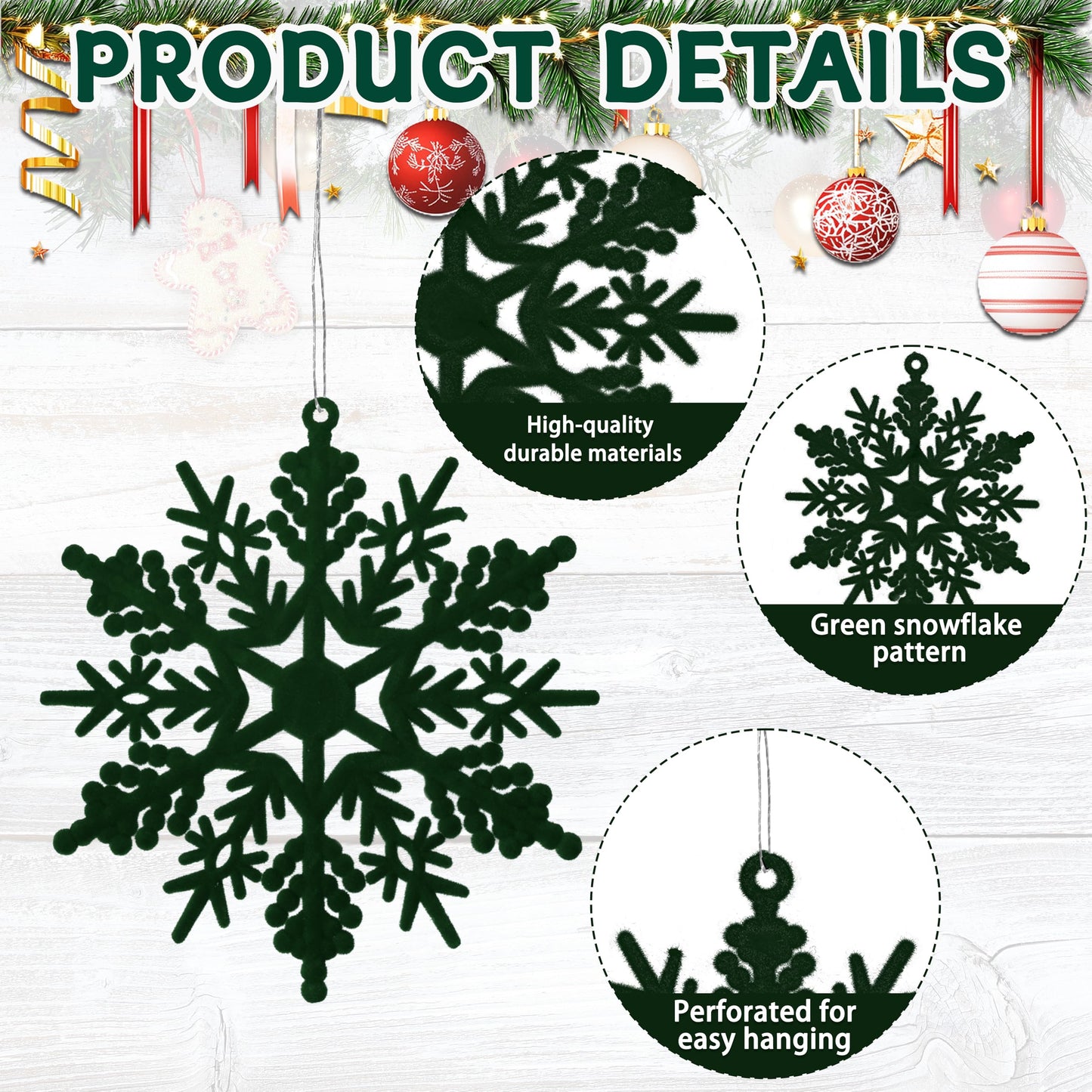 36pcs Dark Green Flocked Christmas Snowflake Ornaments, Hanging Velvet Snow Flakes for Christmas Tree Decorations Winter Wonderland Frozen Birthday Party Holiday Home Decor Craft Snowflakes