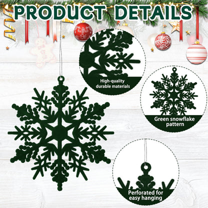 36pcs Dark Green Flocked Christmas Snowflake Ornaments, Hanging Velvet Snow Flakes for Christmas Tree Decorations Winter Wonderland Frozen Birthday Party Holiday Home Decor Craft Snowflakes