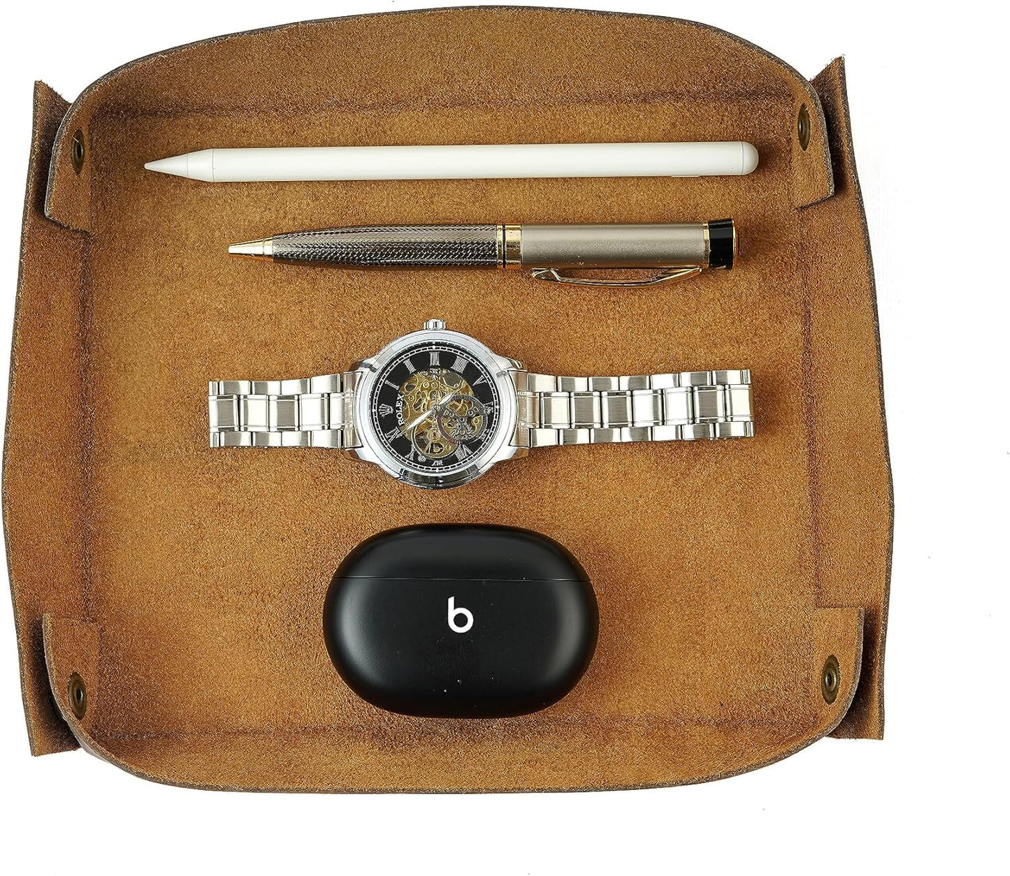 PavinCrafter Leather Valet Tray for Men & Women – Handmade Catchall Organizer for Keys, Wallet, Coins, Jewelry, Watch | Premium Full-Grain Leather EDC Tray with Brass Rivets for Desk (Brown)