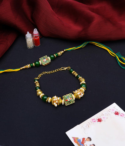 NiLy Craft Handmade Premium Couple Rakhi Gift Set | Green Traditional Charm with Unique Design Rakhi Combo | Includes Roli Kumkum & Chawal | Traditional Raksha Bandhan Gift Set for Bhaiya Bhabhi, Brother & Sister