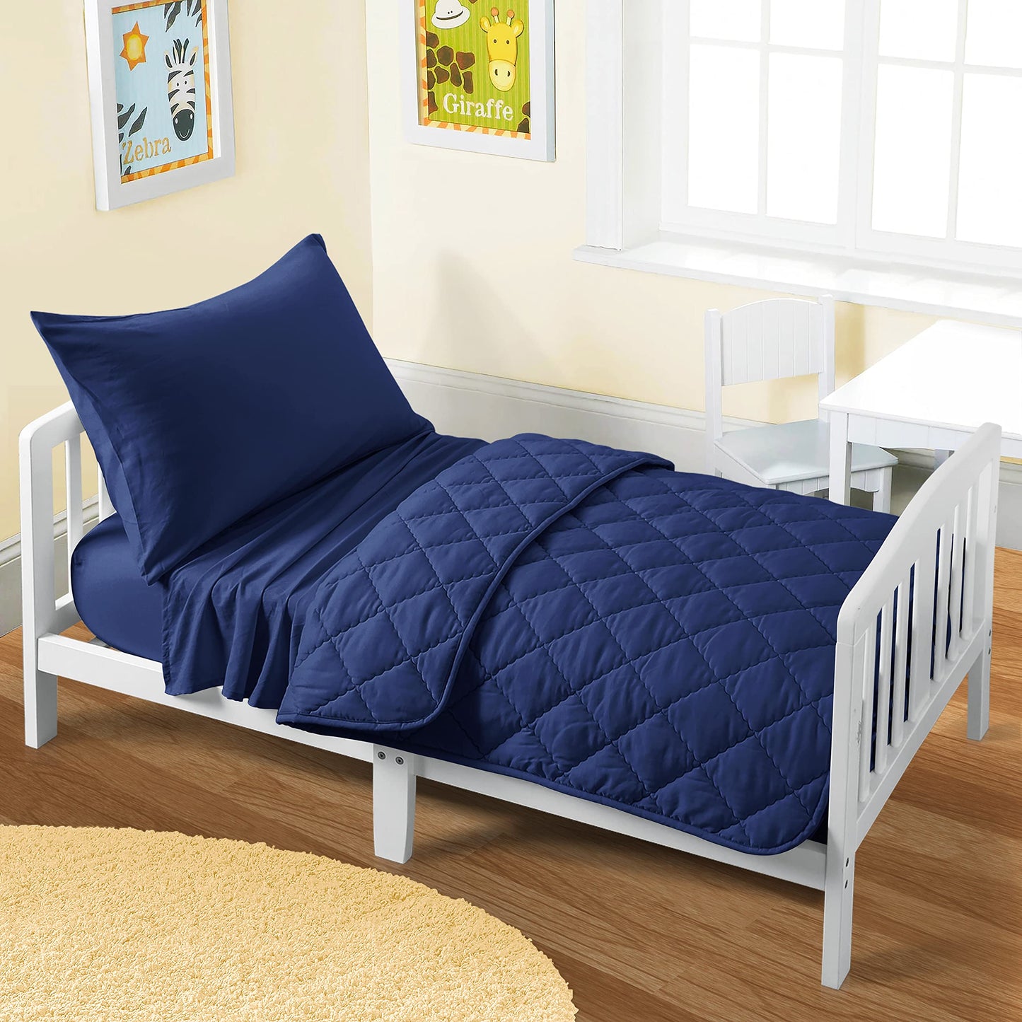 FLXXIE 4 Pieces Toddler Bedding Set, Soft and Breathable Microfiber Crib Sheet Set, Includes Quilted Comforter, Flat Top Sheet, Fitted Sheet, Envelope Pillow Case for Boys and Girls, Navy Blue