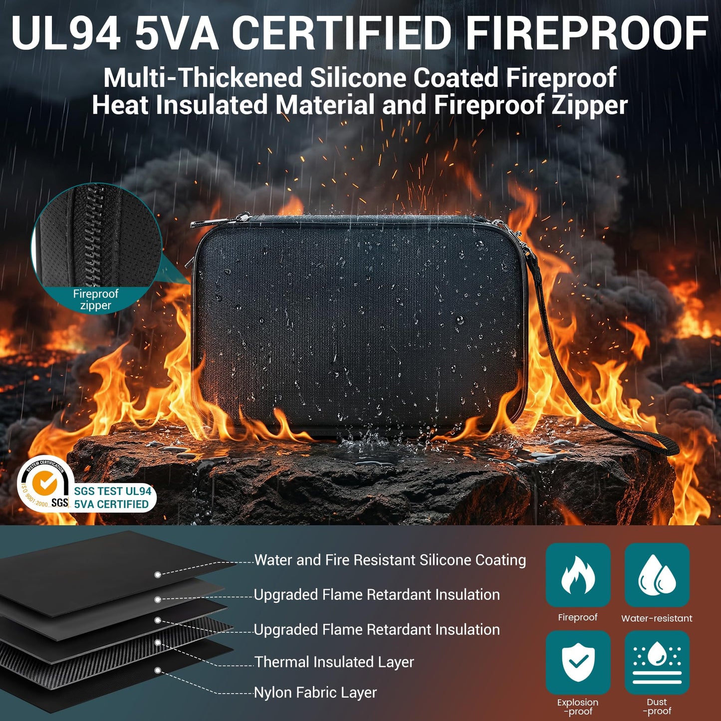 JHSafer Fireproof Electronics Organizer Travel Case, Water Resistant Tech Accessories Pouch, Explosion-proof Cord Storage Bag with Fireproof Zipper for Phone, Power Bank, Cables, USB, Black