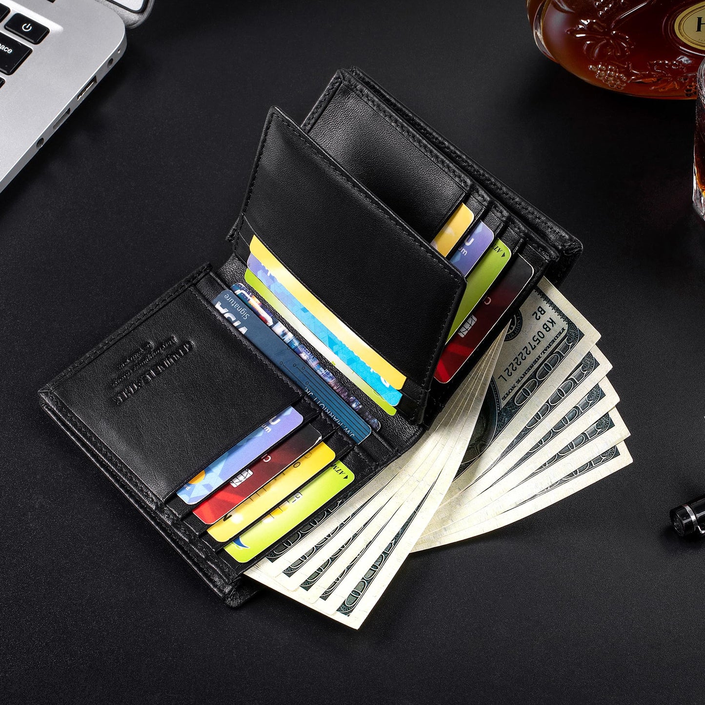 LUKZIJAES Genuine Leather Bifold Wallet for Men Rfid Blocking Large Capacity Vertical Wallets Mens with ID Window 15 Card Slots 2 Cash Pockets (Black)