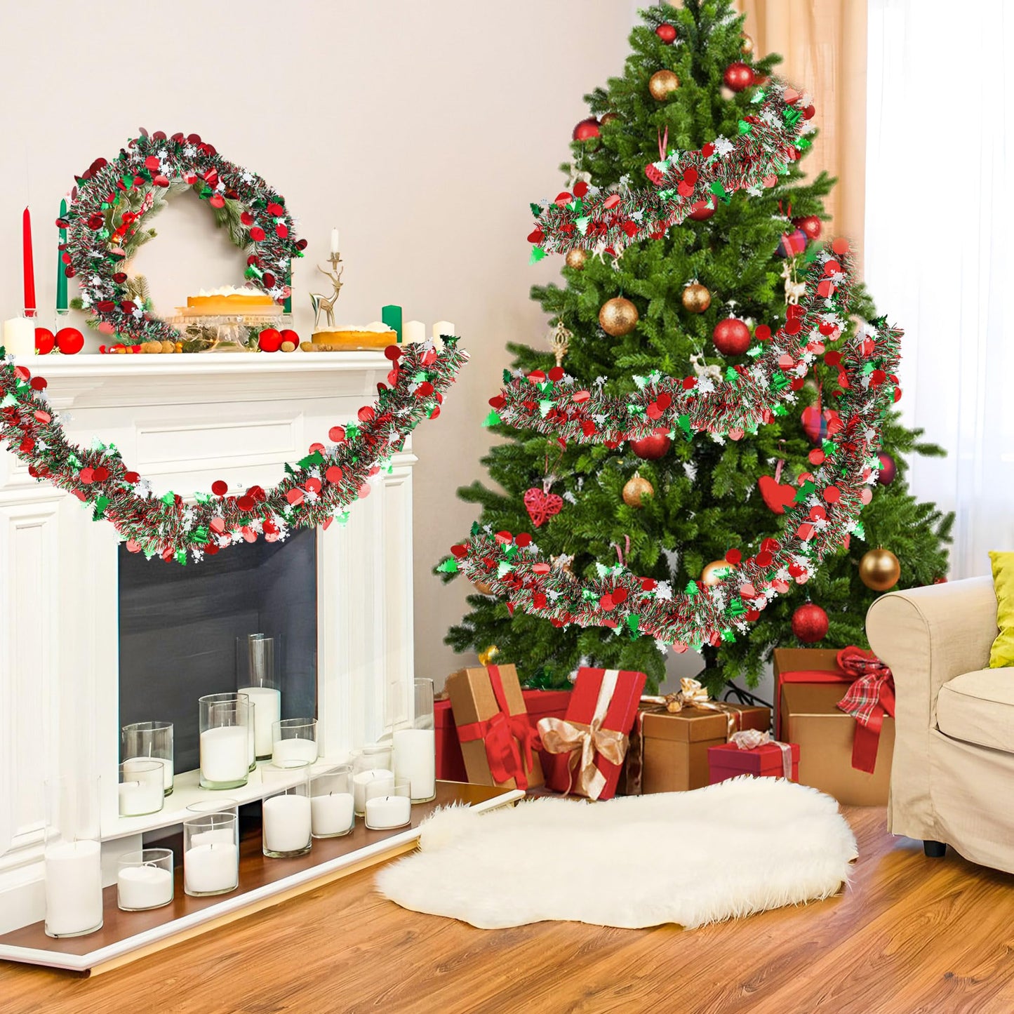 39ft Christmas Tinsel Garland Decorations Xmas Tree Glitter Metallic Twist Garland with Snowflake Hanging Decor for Mantel Stairs Home Indoor Outdoor Party Supplies