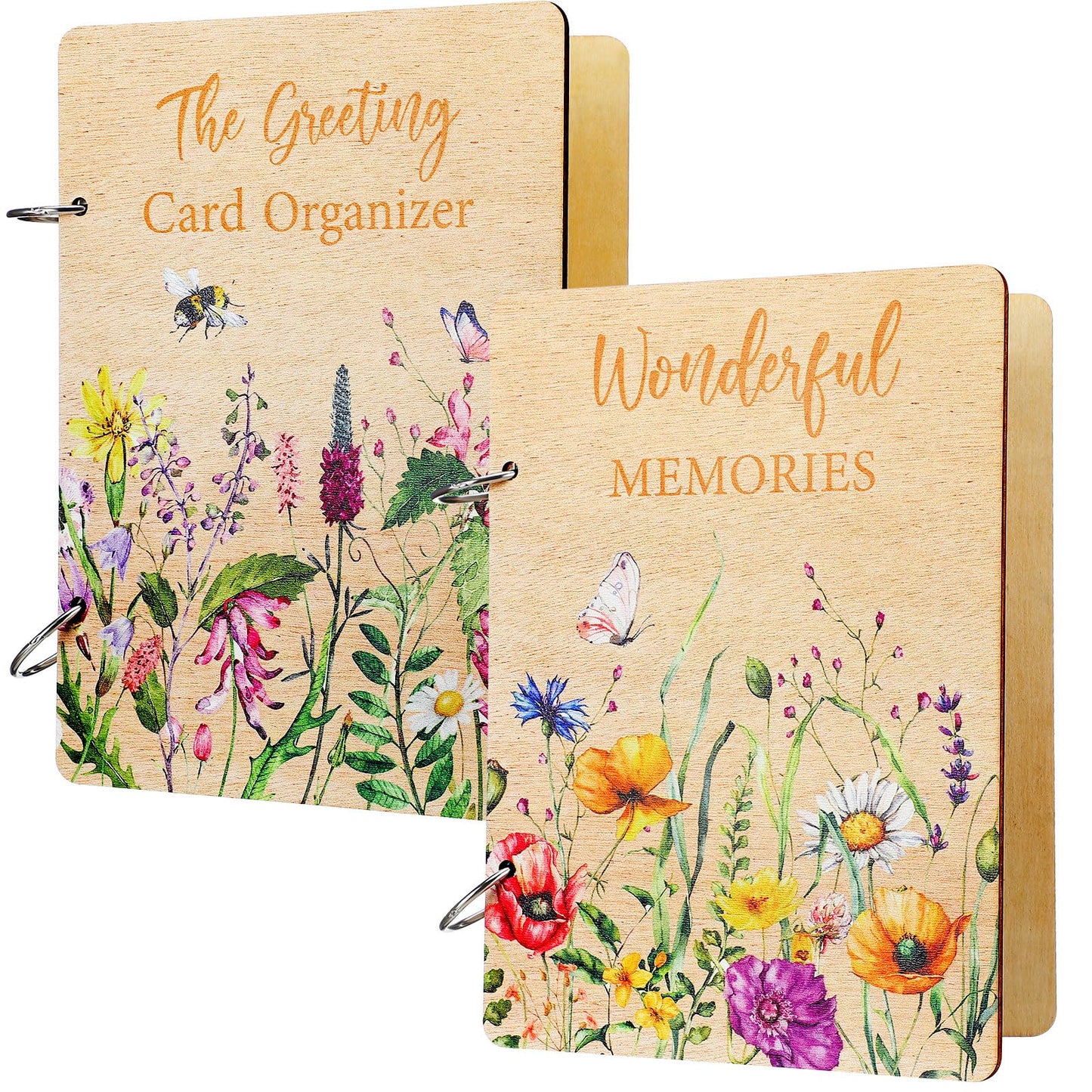 Suzile 2 Packs 9x6.5 Inch Greeting Card Organizer Book Wood Floral Card Organizer Album Binder, Keepsake Storage Holder Gift for Wedding Anniversary Mother's Day Holiday Memory Photo Collection