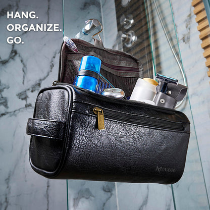 MINARAI Mens Toiletry Travel Bag with Razor Case & Dust Bag – Premium PU Leather Organizer with Hanging Design and Structured Storage – Mens Toiletry Bag for Travel, Gym, and Everyday Gift–BLACK