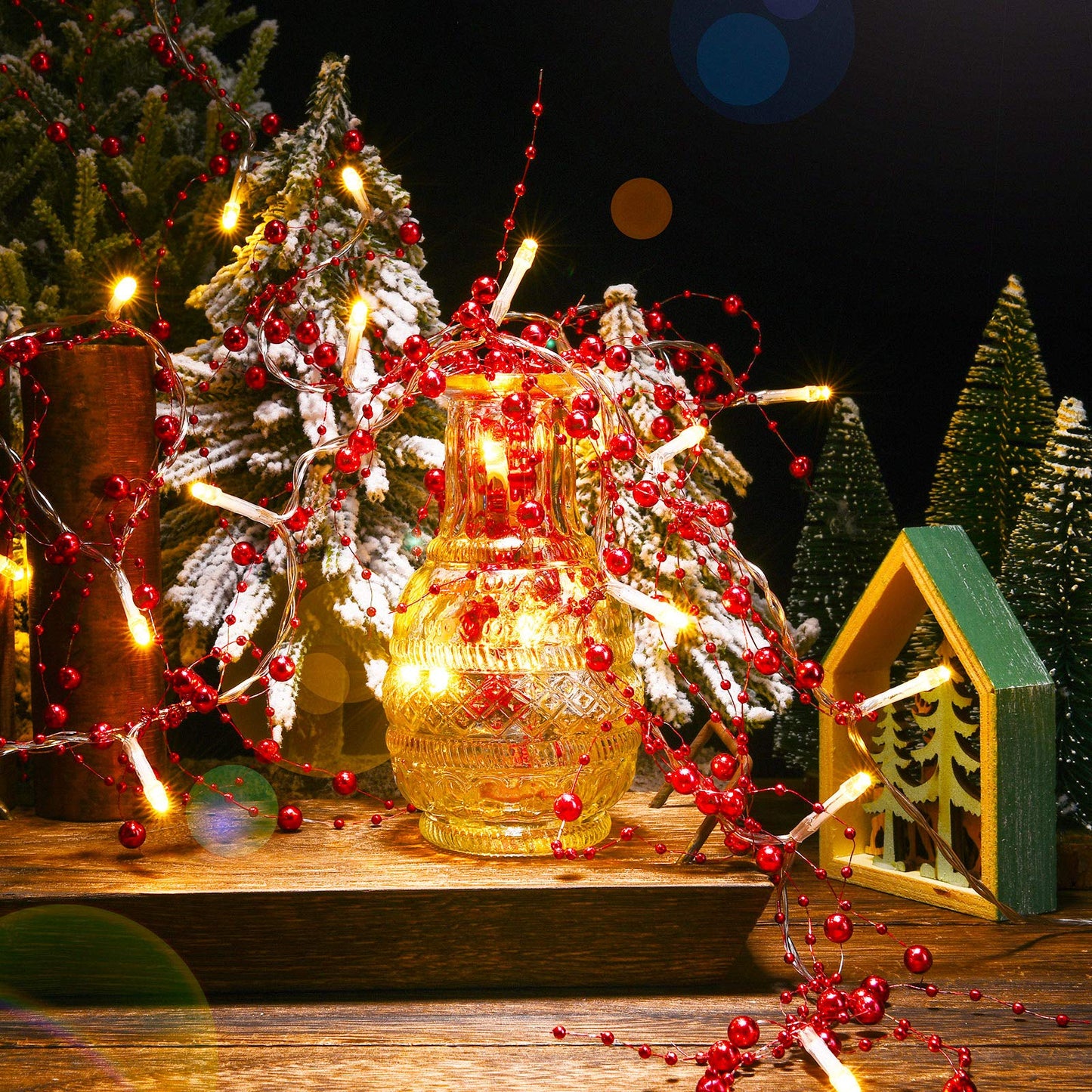 Mudder 10 Feet 30 LED Christmas Light Metal Berry Beaded Garland Indoor Christmas String Lights for Fireplace Mantel Indoor Xma Light Decorations(Red)