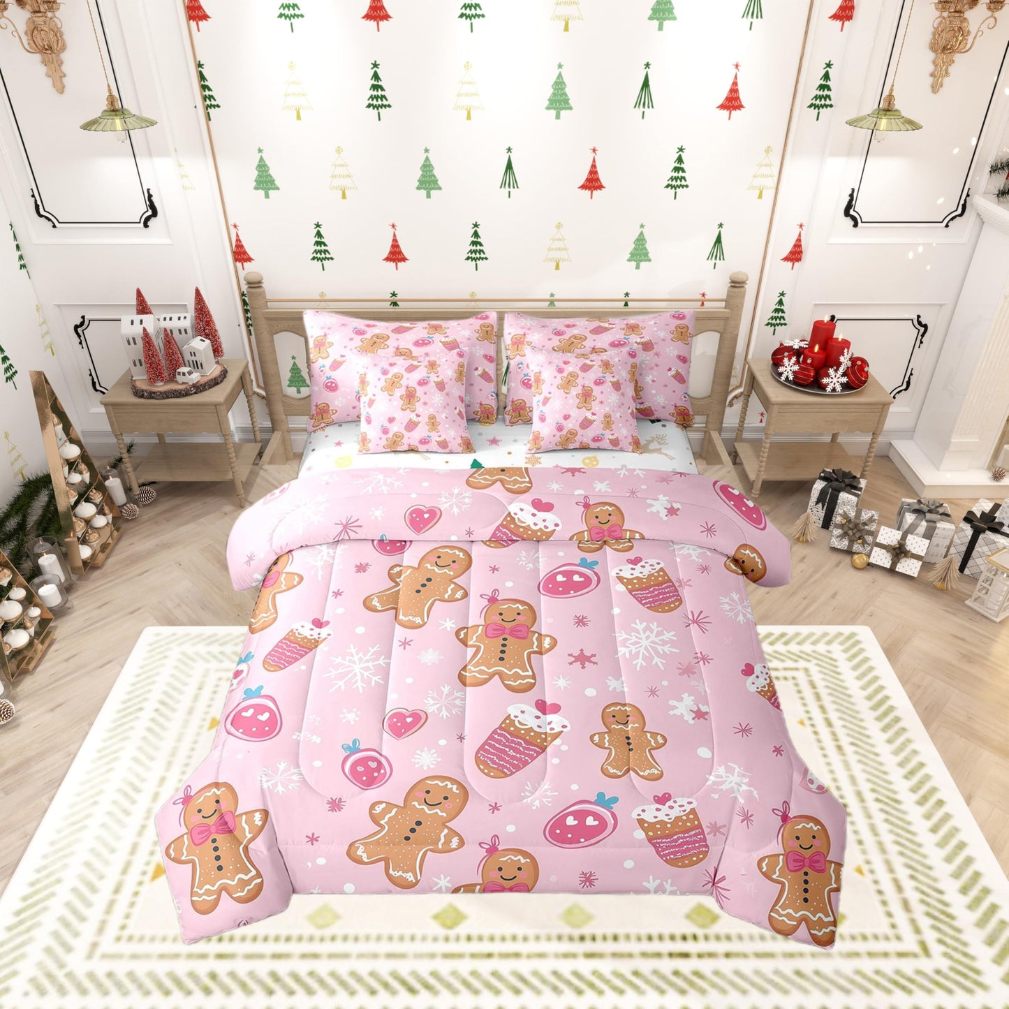 Gingerbread Man Queen Comforter Set with Sheets Bed in a Bag 7 Pcs,Watercolor Strawberry Bowknot Bed Set,Dreamy Snowflakes Bedding Sets with Comforter,Flat,Fitted Sheet,Pillowcases,Pillow Covers