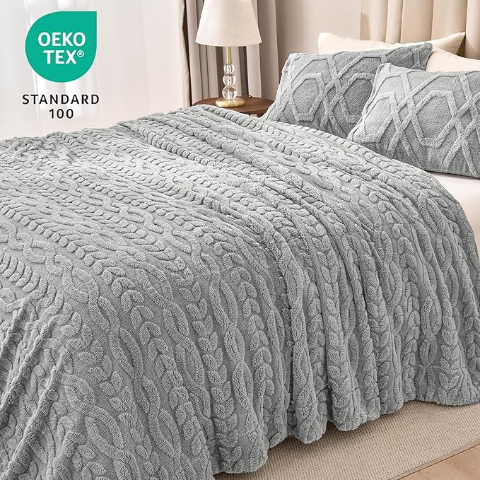 PHF Fluffy Sherpa Blanket King Size for Winter, Warm and Soft, 510GSM 3D Jacquard Thick Shaggy Fleece Plush Blanket for Sofa Bed, Grey, 108"x90"