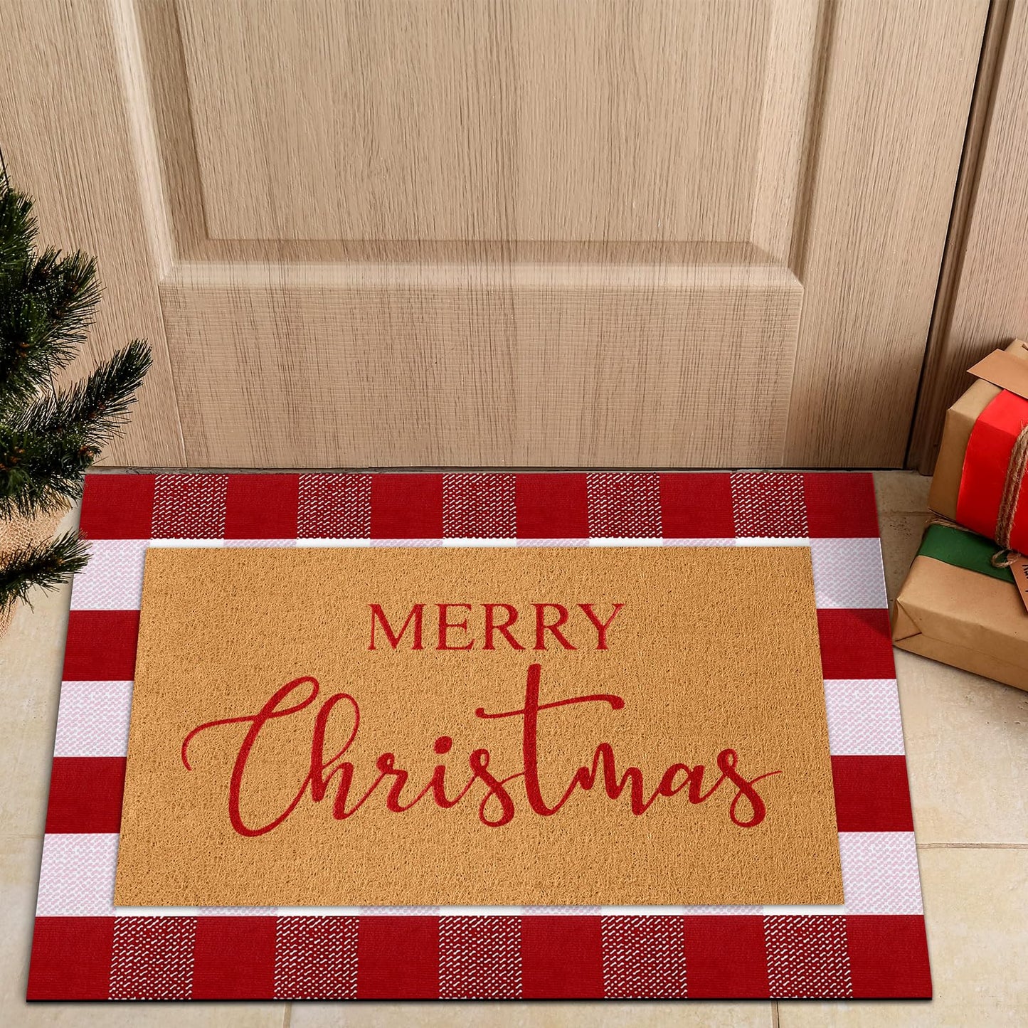 Duraaamo 2 Pcs Christmas Doormat Merry Christ Non Slip Outdoor Rug Xmas Welcome Layered Buffalo Floor Mats for Front Porch Entryway(Red White,Plaid)