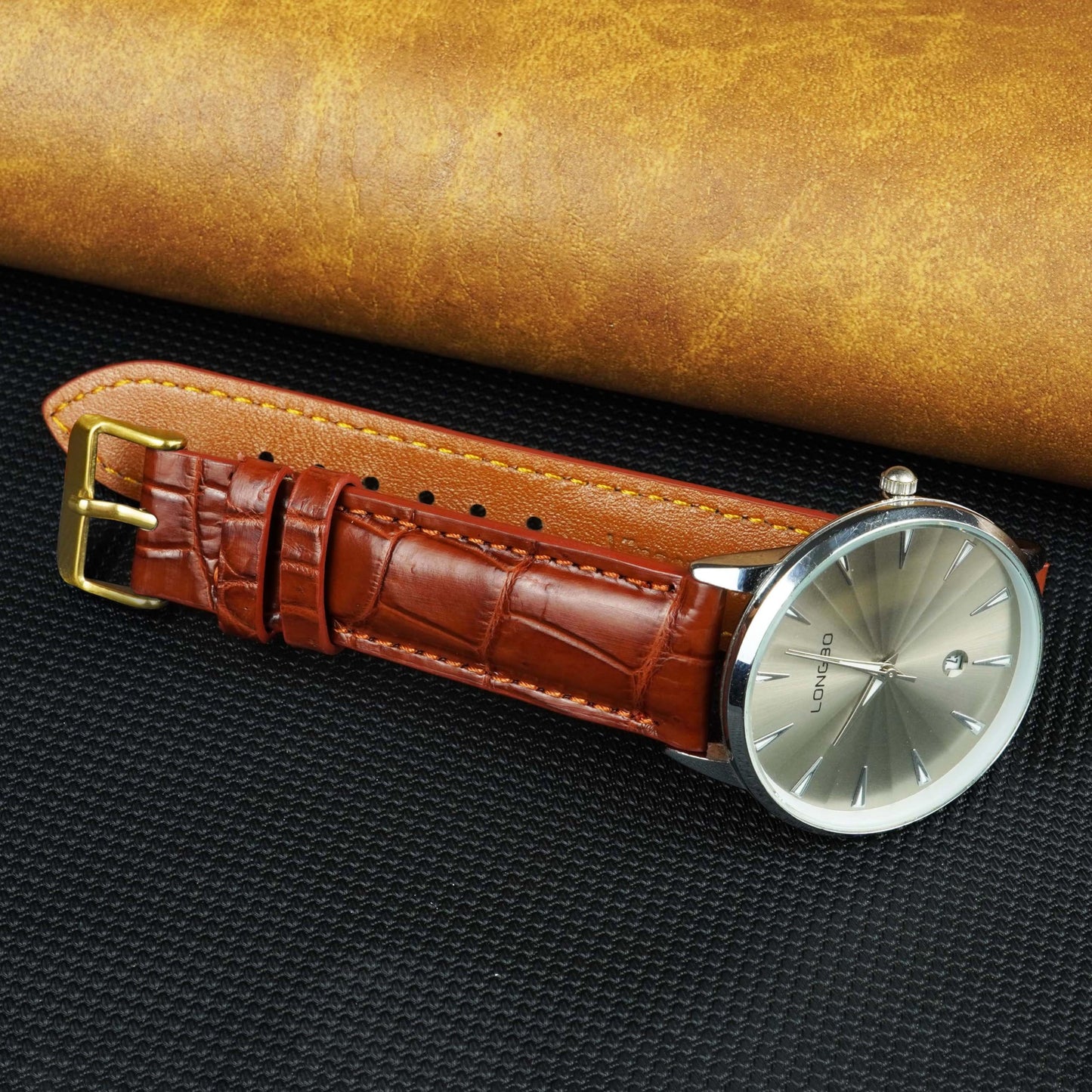 Premium 18mm Light Brown Watch Band for Men, Handcraft Leather Watch Strap, Easy Install Strap Gold Stainless Buckle Present Gift Husband Boyfriend Son Christmas Fathers Day Birthday DH06G18MM