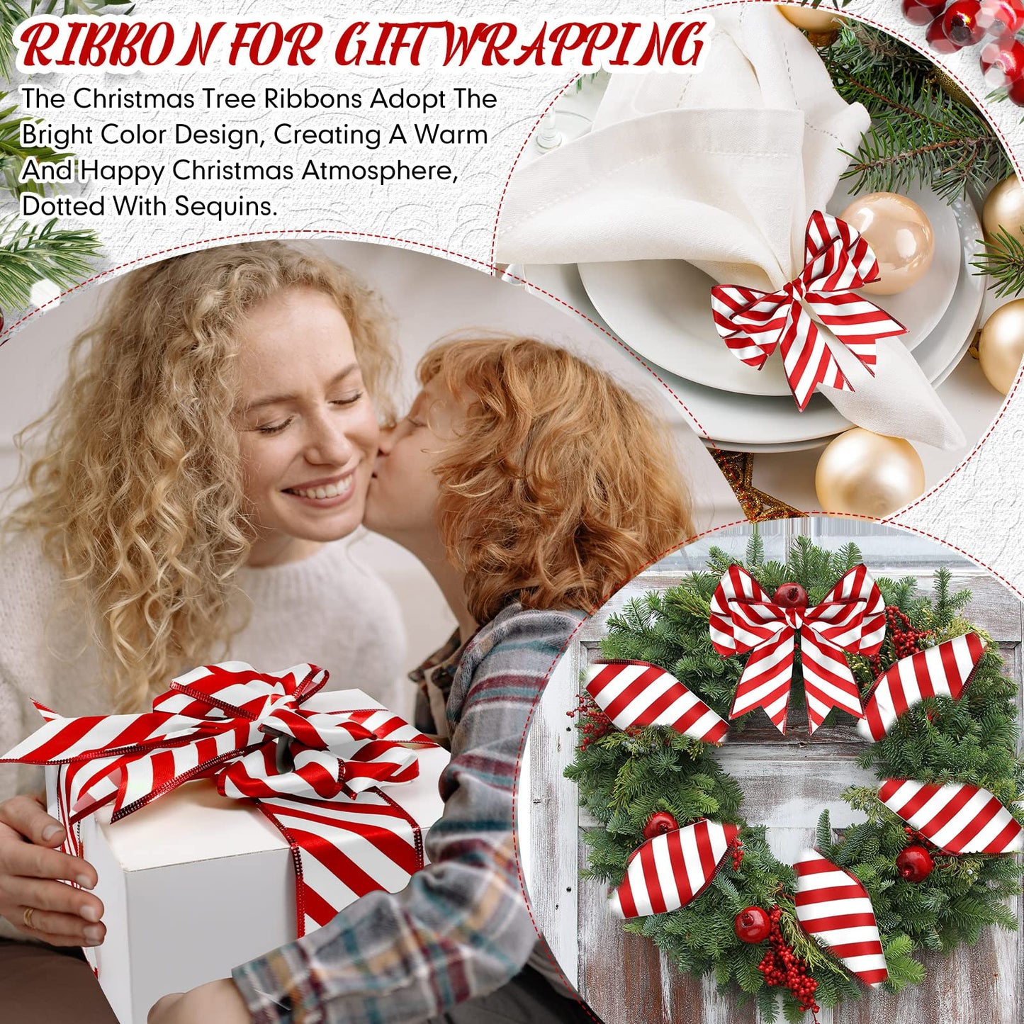 Hanaive 2 Rolls Ribbons for Christmas Tree Wired Ribbon Satin Stripes Edge Wrapping for Crafts DIY Gift Party Garden Home Garland Bows Ornament Decor(1.5 Inch x 10 Yards,Red White)